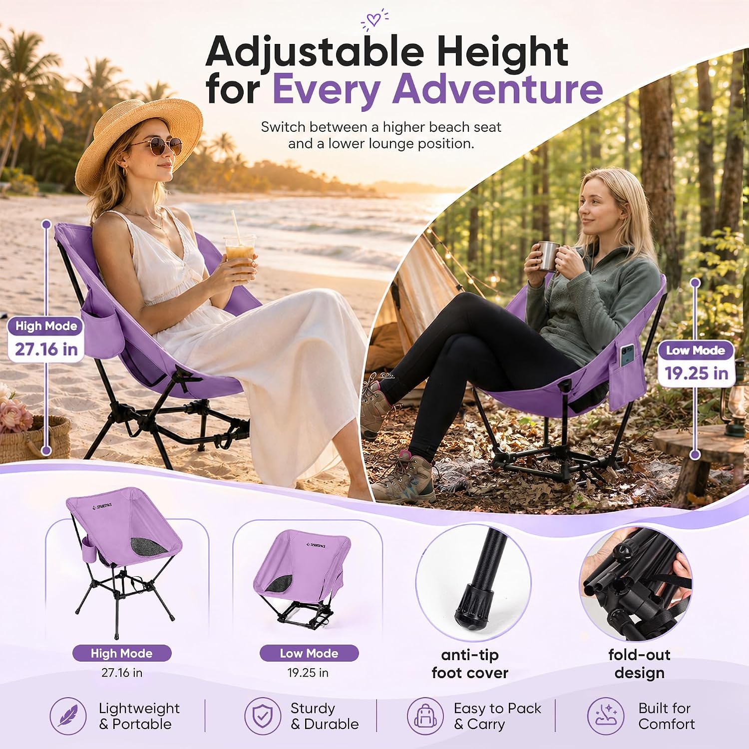 Purple Ultralight Camping Chair for Adults, 350 lb Capacity image 3