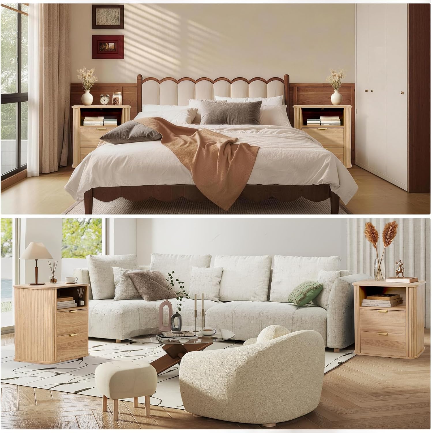 SoarFlash 2PCS Nightstand, Wooden Nightstand Set of 2 with 2 Drawers Storage, Curved Profile Design, Rustic Style for Bedroom, Light Oak