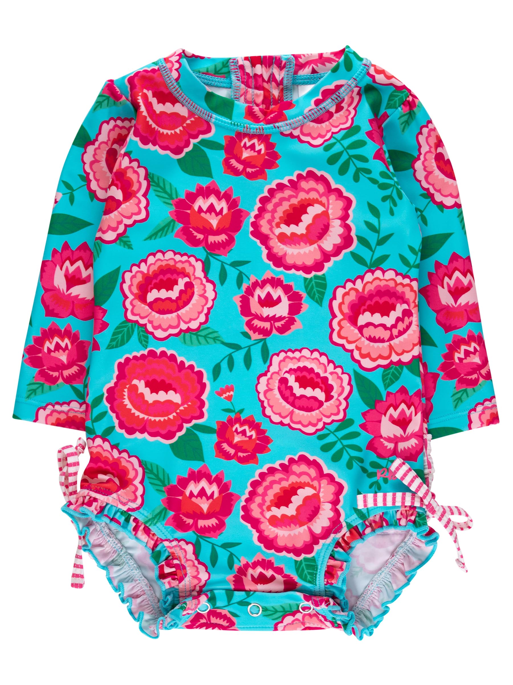 RuffleButts Baby Girls Novelty Baby One Piece - Rash Guard Swimsuit UPF 50+ | Premium Quality, 4-way Stretch, Snap + Zipper Closure, Long Sleeves, Hand Wash, UPF 50+ Sun Protection