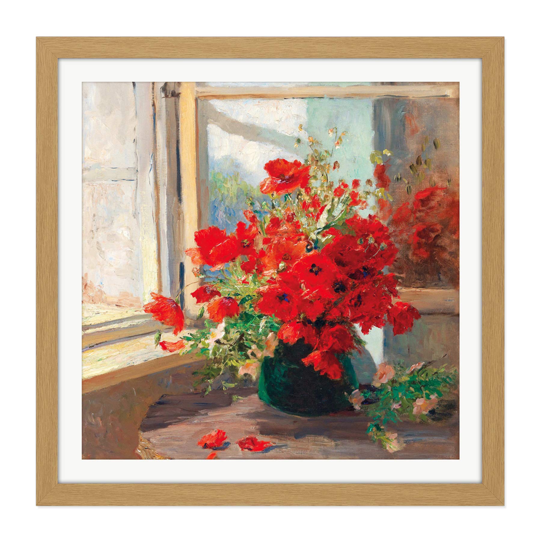 Artery8 Florian Bouquet Poppies Window Flowers Painting Square Wooden Framed Wall Art Print Picture 16X16 Inch