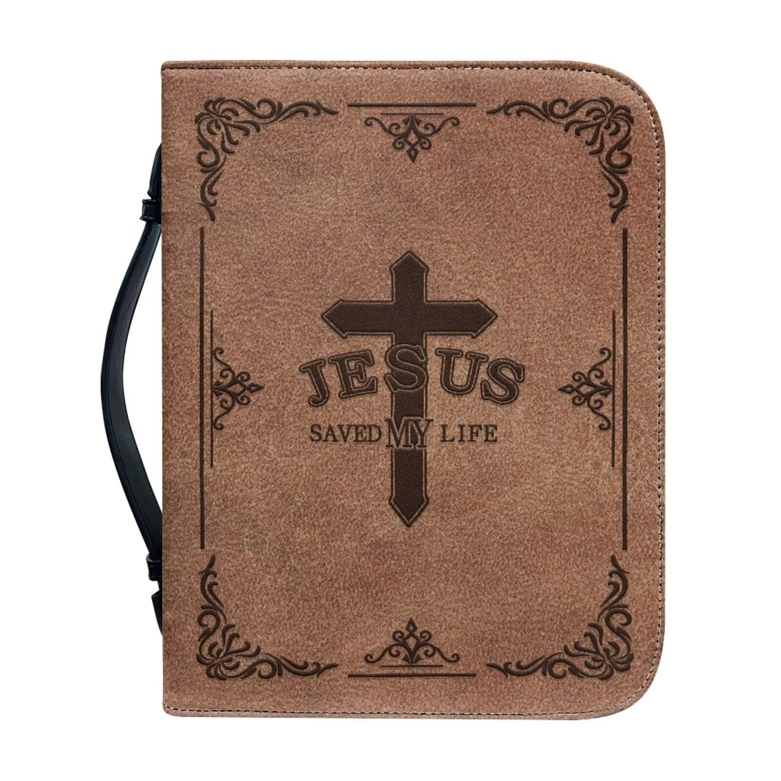 Talayituse Cross Flower Print Faux Leather Bible Cover for Men Women Boys Girls Jesus Saven My Life Christian Bible Case with Handle Book Carrying Case Bible Protector Bible Tote Handbag Gifts, L — image 1