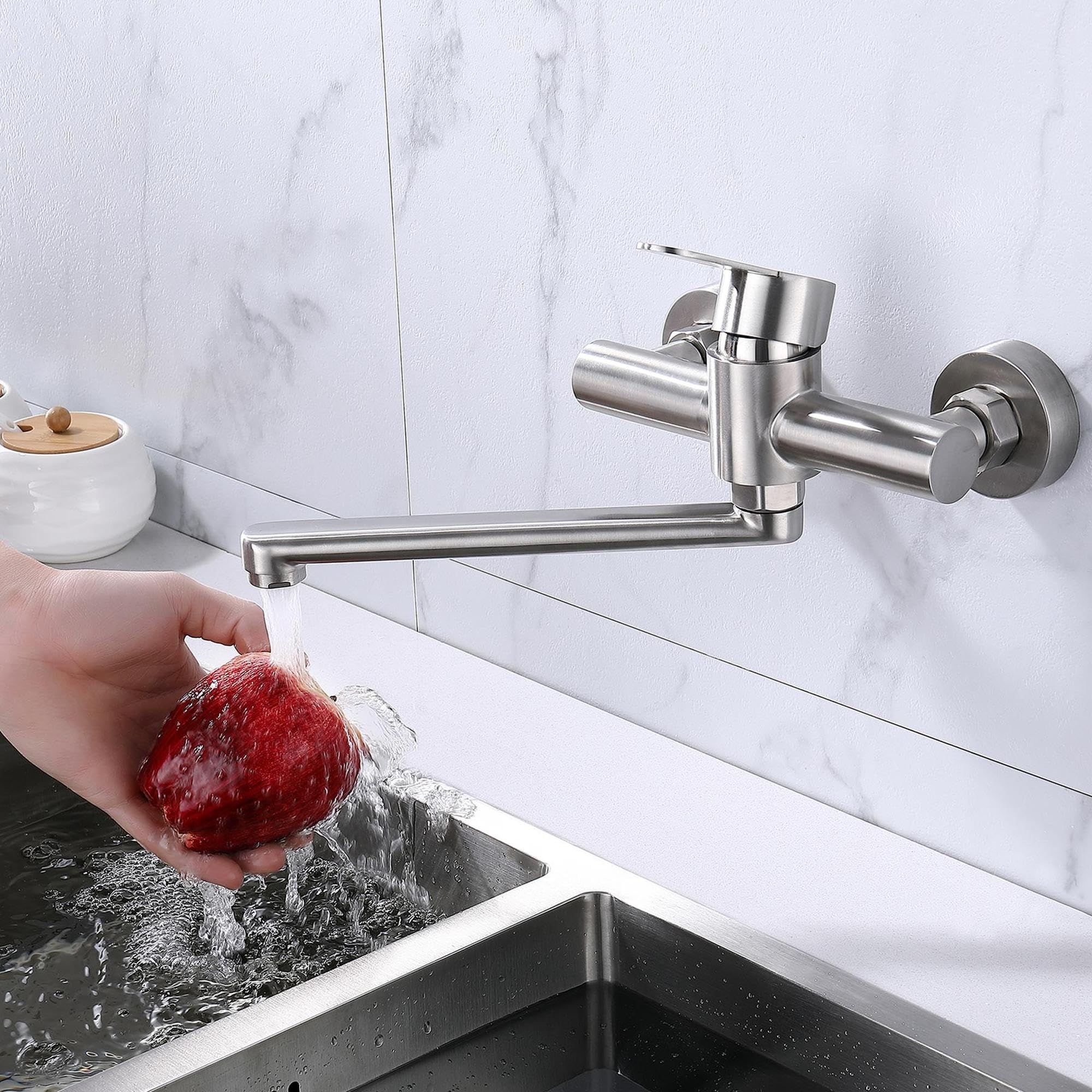 HomeLava Grifo Cocina de Pared con 30cm Caño Largo Giratorio, Giratorio 360°, Grifo de Cocina Fría y Caliente de Acero Inoxidable 304 para Fregadero, Cepillado