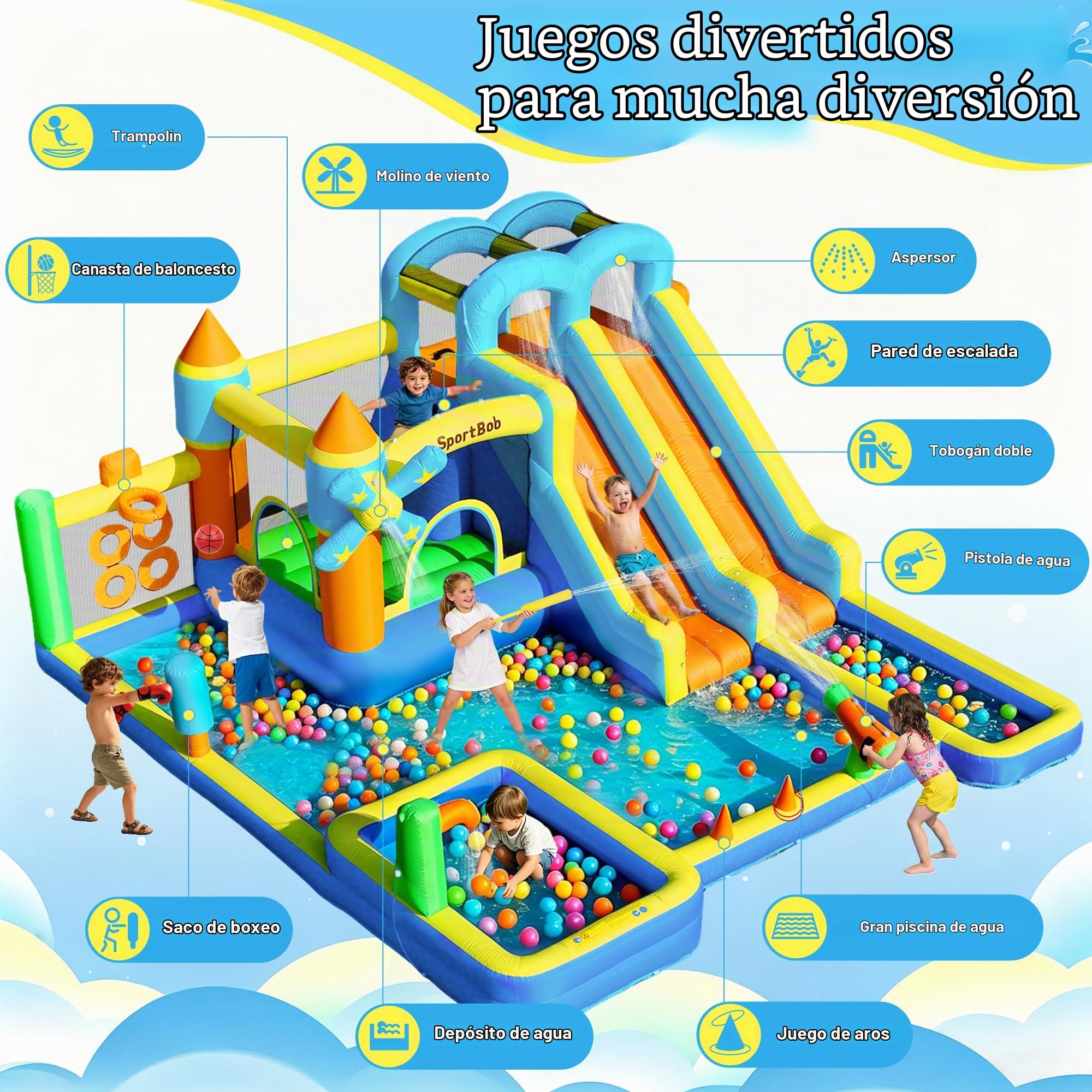 Castillo hinchable con doble tobogán, soplador, piscina infantil, zona de salto y pared de escalada, ideal para uso en interiores y exteriores, reuniones familiares y ocasiones de cumpleaños