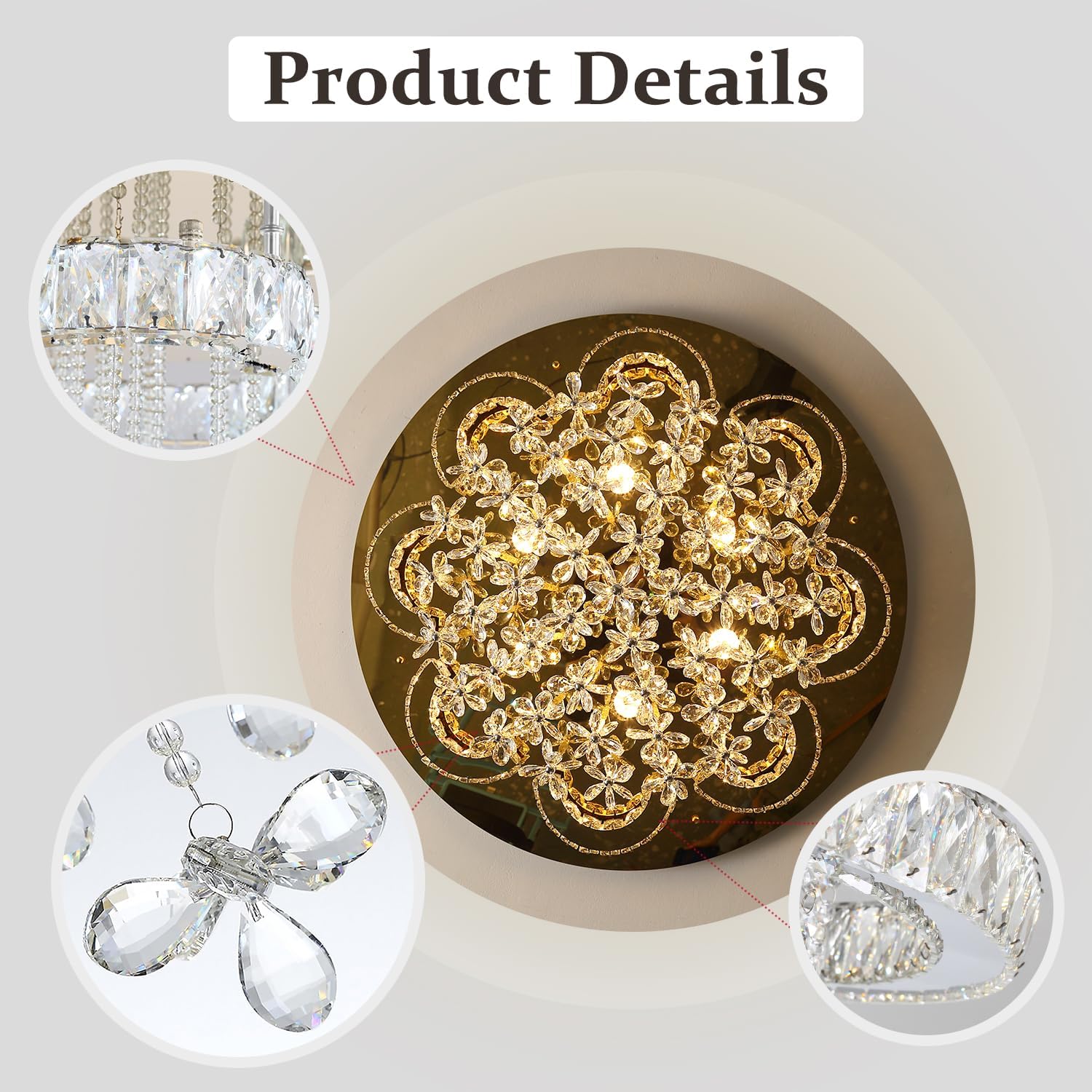 Flashing God Modern Crystal Chandelier Living Room Dia 32” Chandeliers Dinning Room Crystal Raindrop Chandelier Flush Mount Ceiling Light LED Dimmable 2700k 4500k 6000k