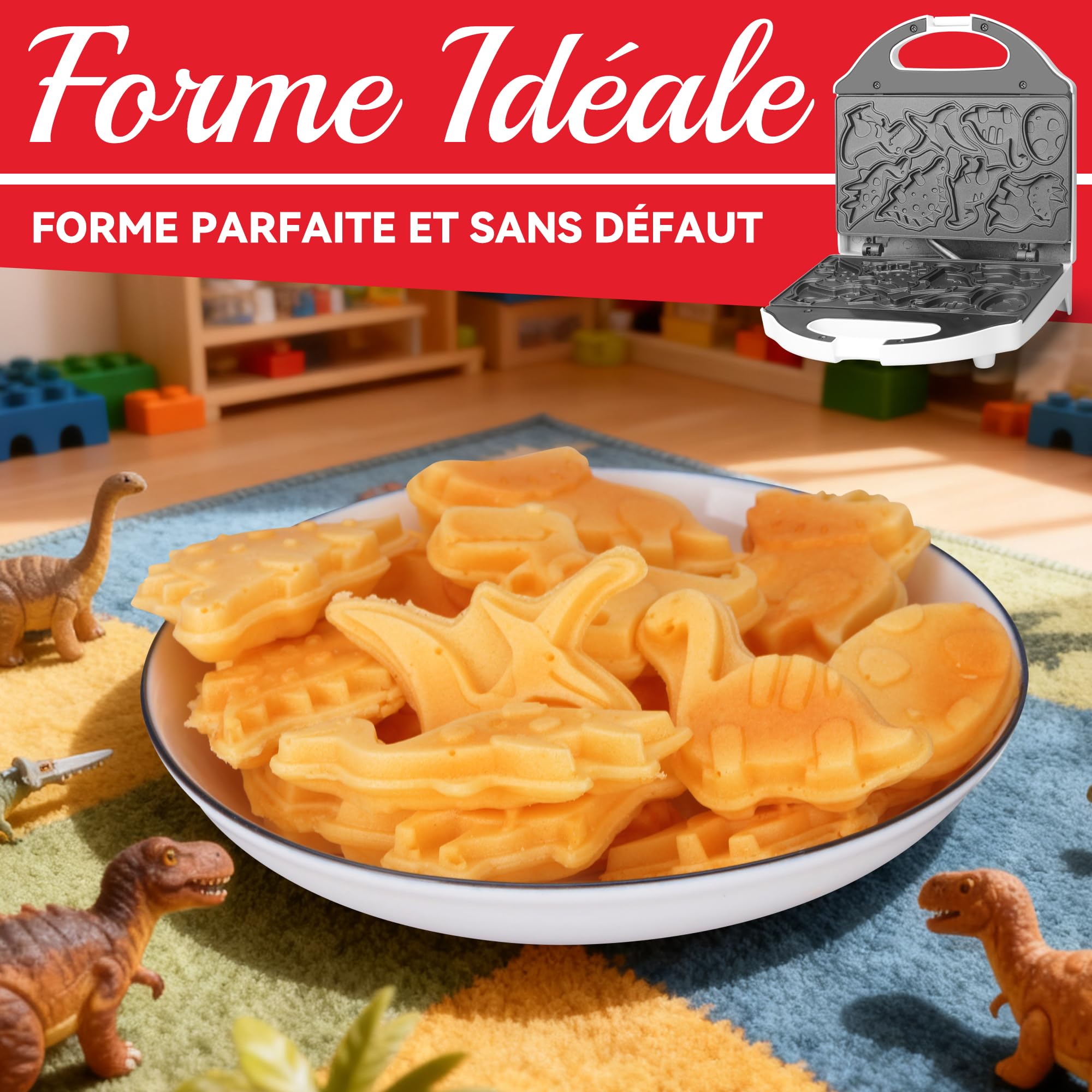 SugarWhisk Mini Gaufrier, Mini Dino Waffle Maker, Gauffrier Multifonctions avec des motifs de dinosaures, Appareil a Gauffre Mignonne, Machine a Gauffre, Créez 8 Gaufrier Dinosaures, Blanc