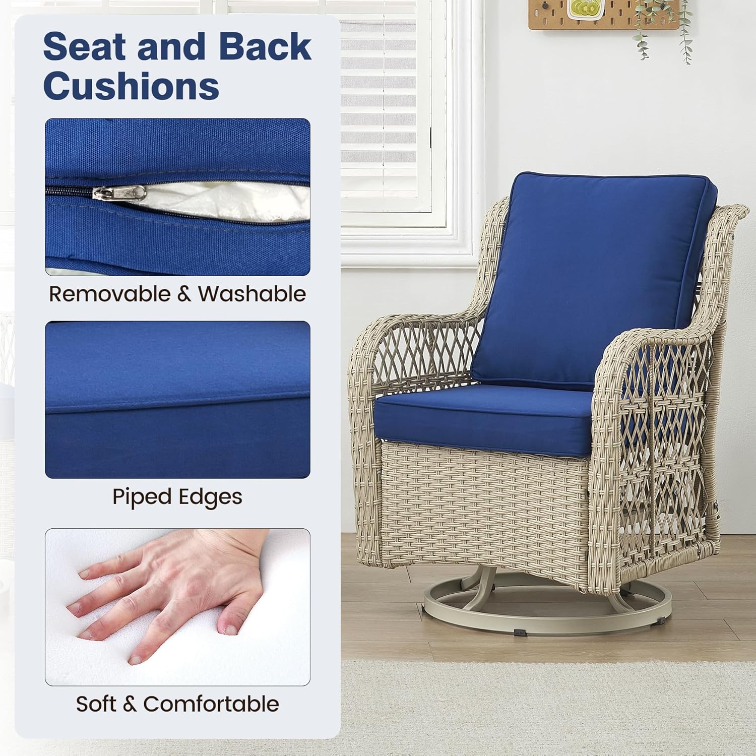 Swivel Chair Cushion and Table 3-in-1 Ceramic Set, Outdoor Table with Tempered Glass, Outdoor Rattan Chair with Cushion, Suitable for Patio and Backyard