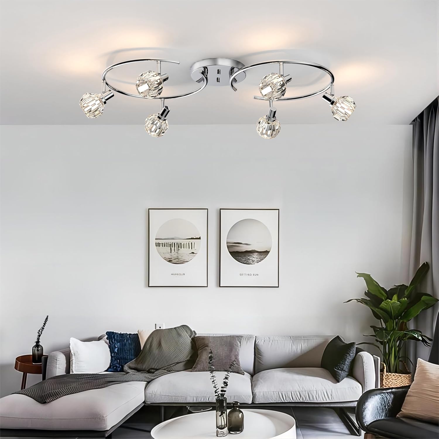 Chrome Round Track Light Kit,Crystal Light Head,6 Ways Ceiling Spot Light with Flexible and Rotatable Light Head, for Bathroom,Living Room, Hallway,G9 Base(Bulb Not Included) 6 Lights-Round Chrome