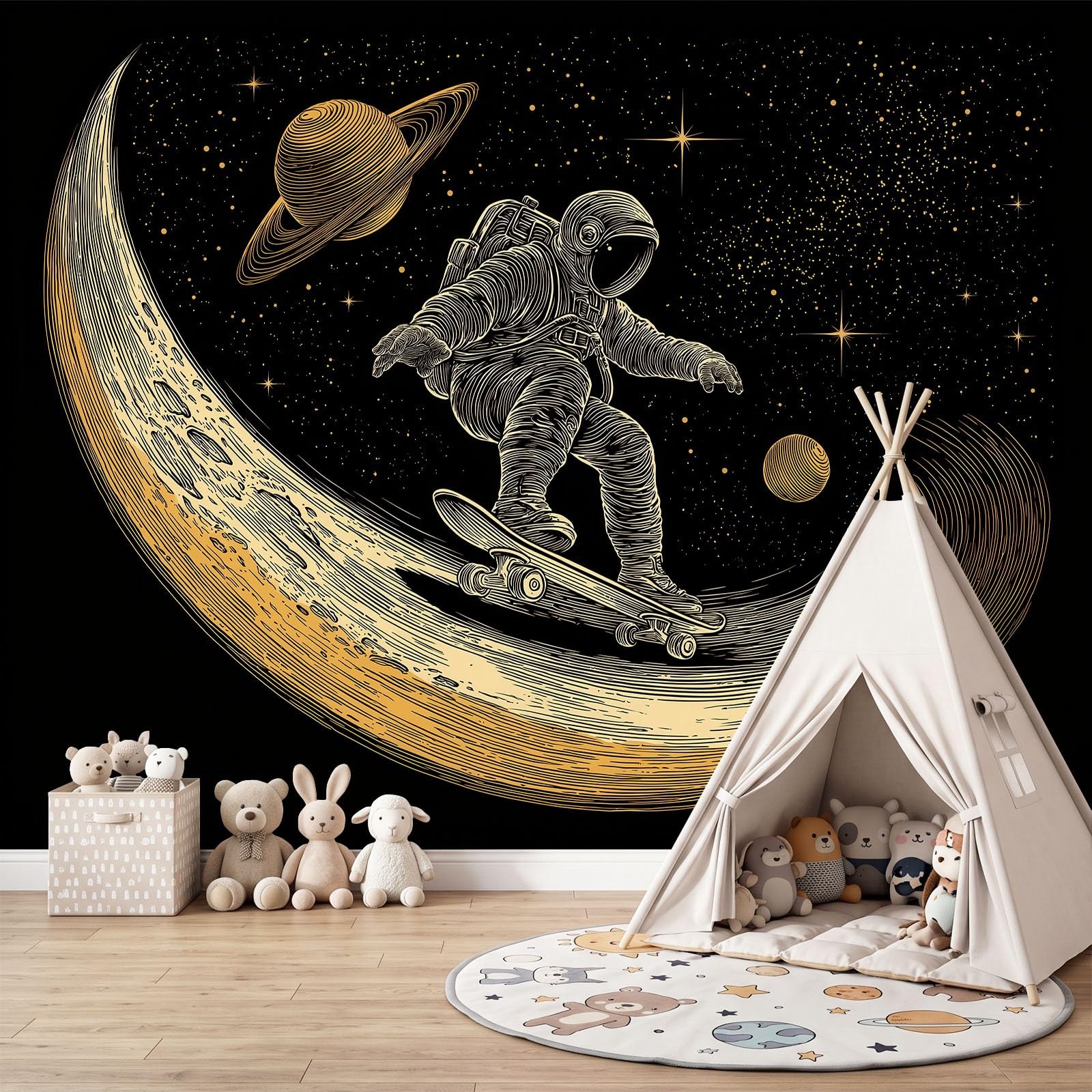 Vlies Fototapete 3D-Effekt Astronaut Sternenhimmel Sci-Fi Skateboard Wandtapete 300 x 280 cm, Moderne XXL Motivtapete Wanddekoration für Wohnzimmer Schlafzimmer,