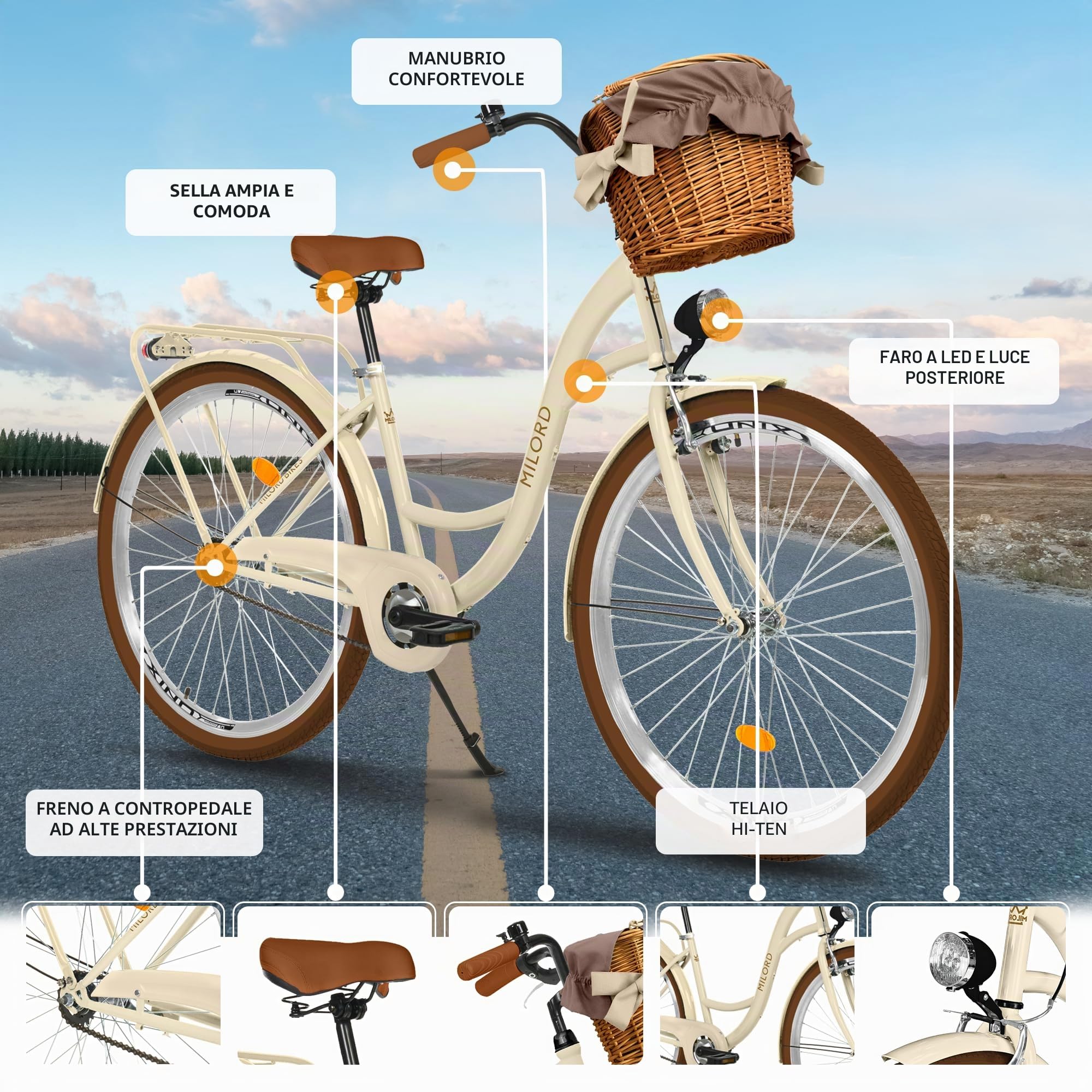 Bicicletta comfort con cestino di vimini, bicicletta olandese da donna, City bike, beige marrone, 1 marcia, 28 pollici