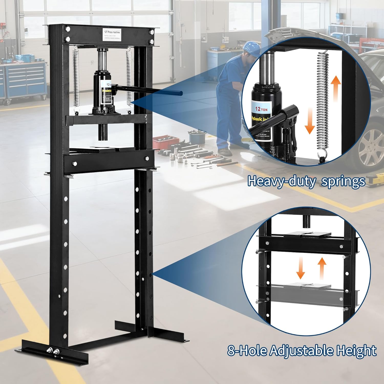 Garvee 12T Hydraulic Press, H-Frame Hydraulic Shop Press with 2 Press Plates, Heavy Duty Garage Floor Shop Press with Adjustable Work Table Height for U-Joints, Black