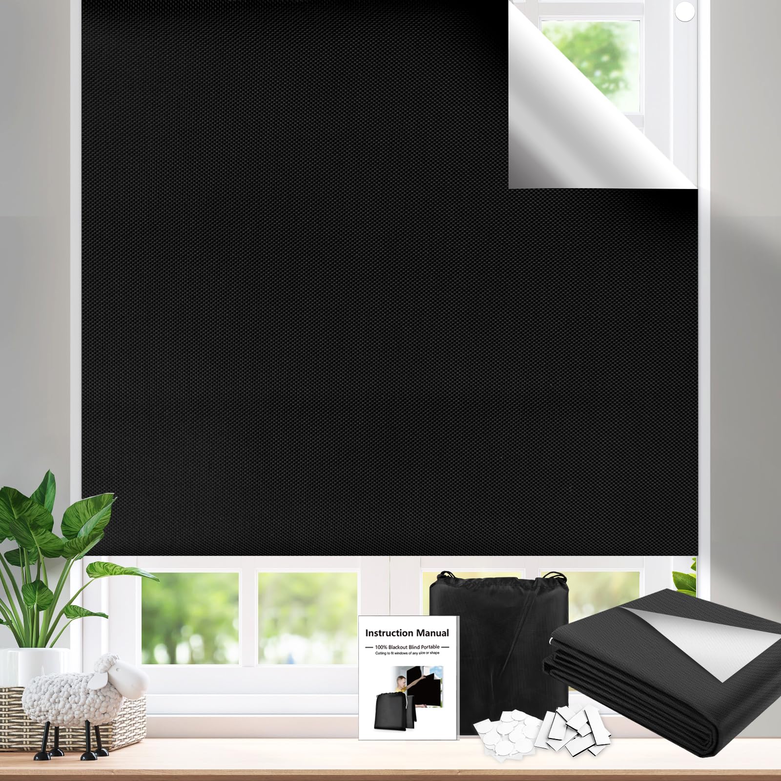 Teamkio Verdunklungsrollo Ohne Bohren , 300X145CM Dachfenster Verdunkelung,Fenster Verdunkelung für Urlaub Innen Dachschräge Fenster(Black)