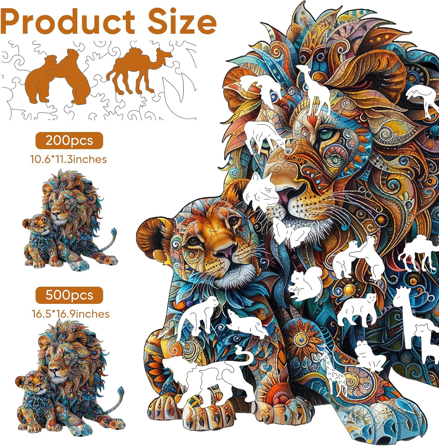 Delobil Wooden Puzzles for Adults, Lion Family Jigsaw Puzzles 200 Piece, Unique Shape Puzzles for Adults and Kids, Fun Challenging Puzzles Family Game Gift, Medium Size 10.6 x 11.3 Inches