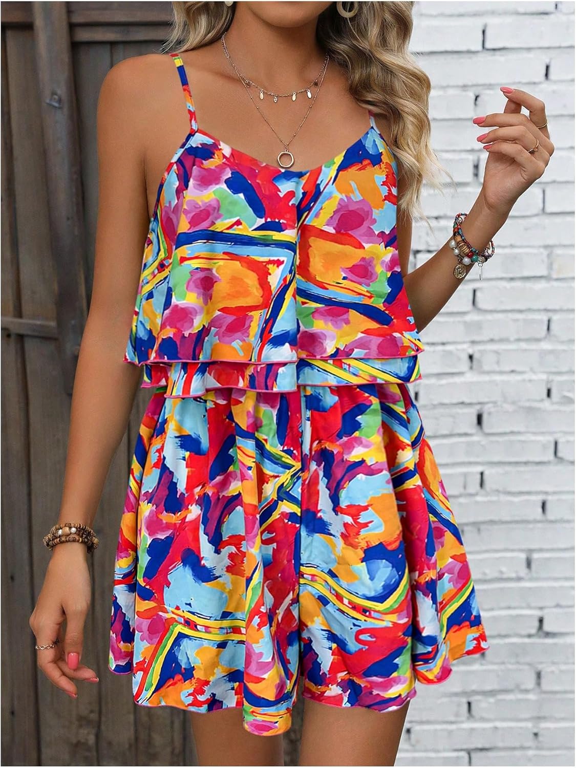 Floerns Women's Summer Boho Sleeveless Spaghetti Strap Ruffle Jumpsuit V Neck Cami Short Rompers - Image 3