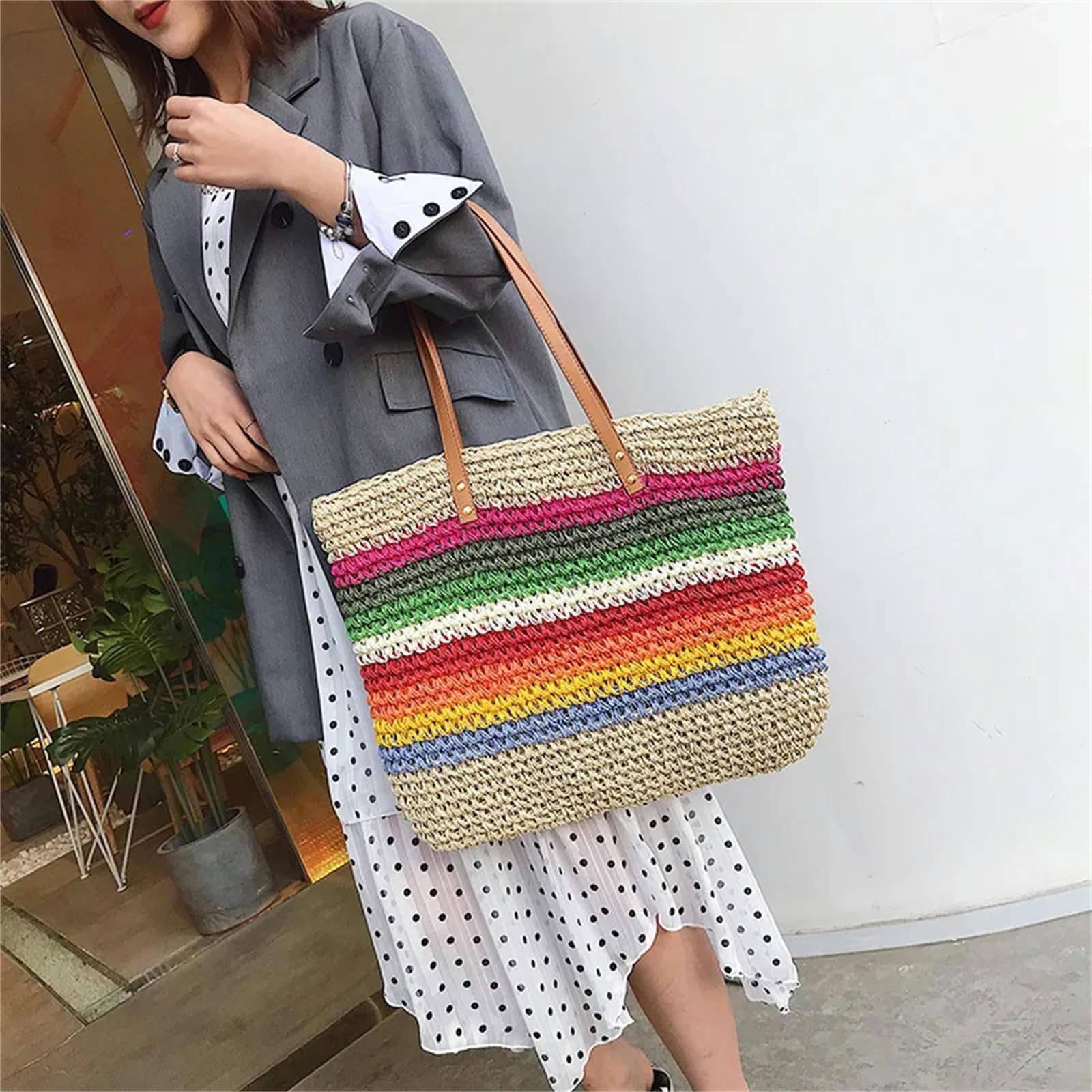 Borsa A Tracolla Borsa Color Arcobaleno Borse da Spiaggia Rattan Intrecciata A Mano Intrecciata A Mano in Grande capacità di Grande Capacità-beige-39 * 37 * 4