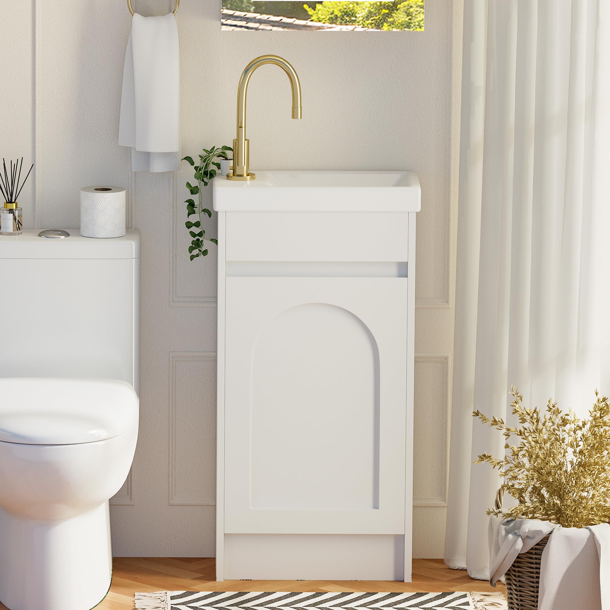 Mepplzian Bathroom Vanity Unit With Wash Basin Ceramic Sink,Floor Standing Narrow Bathroom Vanity Unit Furniture with 2 Storage,Hidden Handle,Under Sink Bathroom Cabinet,Concealed Cistern,Not Faucet
