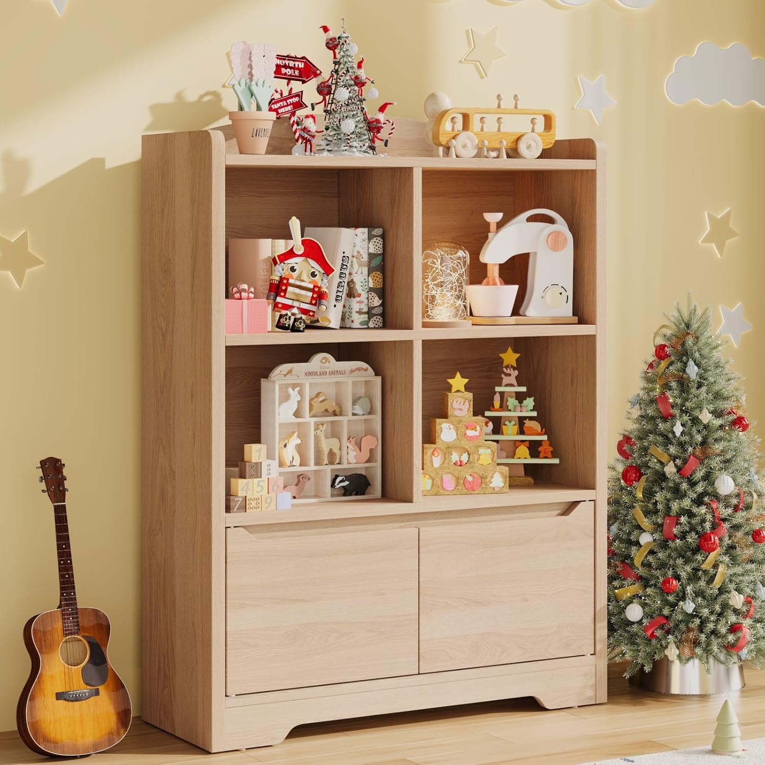 Kids Bookshelf and Toy Organizer, 2 Tier Kids Book Shelf for Kid Rooms with 2 Doors, 4 Cubes Storage Organizer,Wood Children Bookcase,Freestanding Toddler Book Display Shelf for Playroom