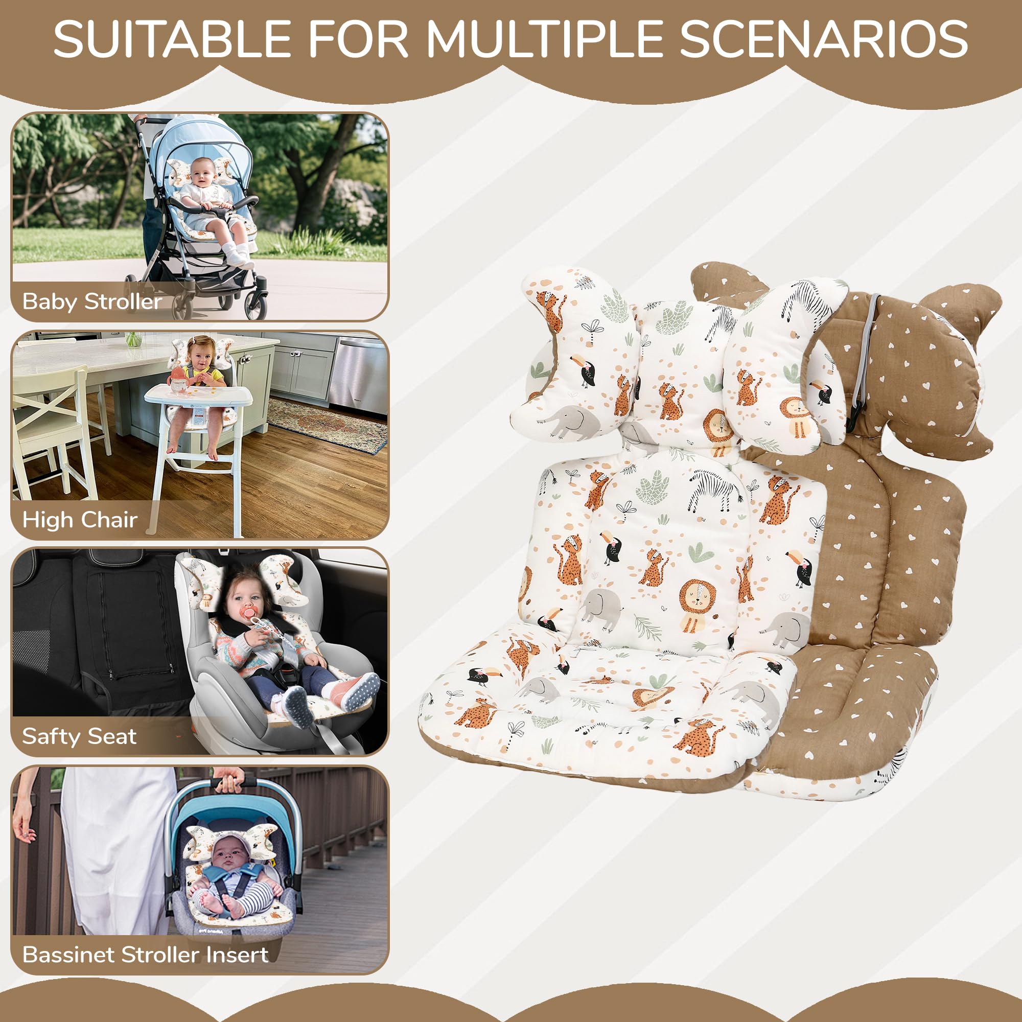 LAT Coussin Poussette Universelle, Réversible Coussin de Siège pour Poussette, Respirant Matelas Poussette Universelle, Reducteur Siege Auto Bebe Universel avec Appuie-tête Amovible (Animaux)