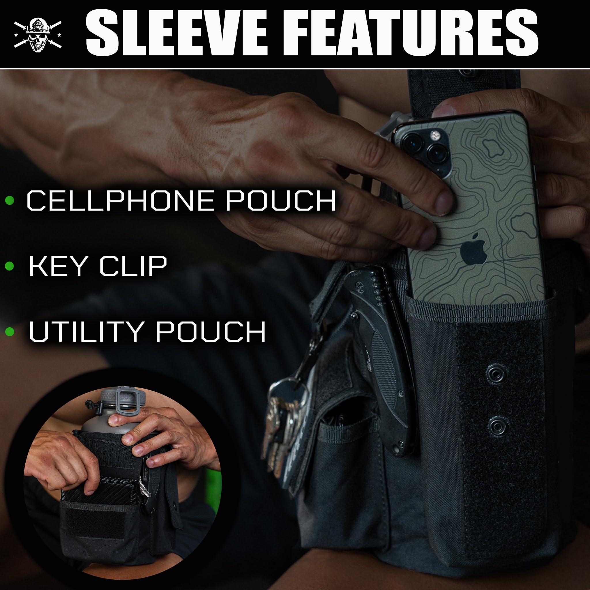 Battle Bottle Sleeve – nur 1,8 l Wasserflaschenhülle – passend für viele 2-Liter-Stahl-Wasserflaschenabdeckungen, robustes und vielseitiges Design mit Stauraum für Handy, Geldbörse und Schlüssel, Live