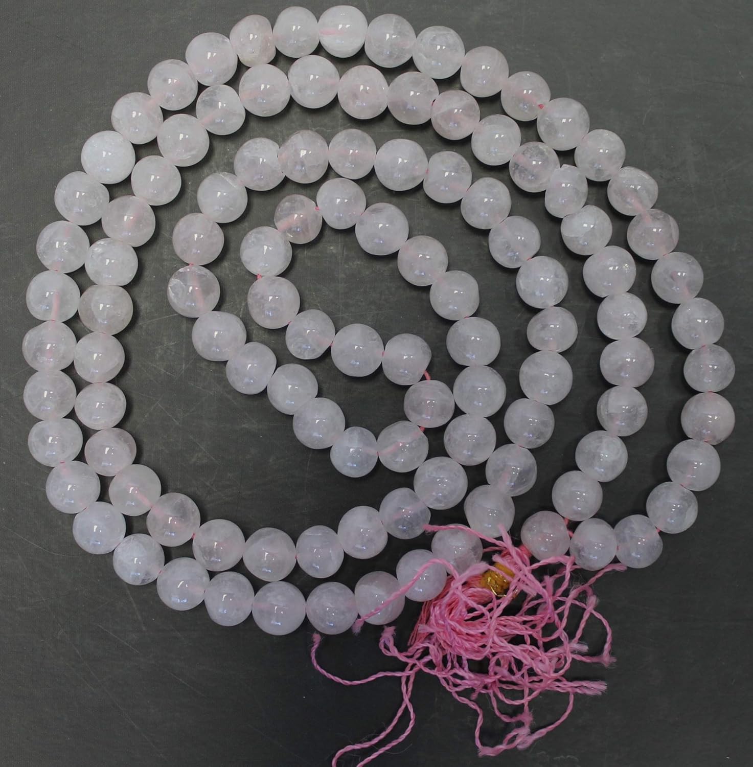 F674 Handmade Tibetan Rose Quartz Glass Beads 108 japa mala for Meditation, Yoga 7mm Beads