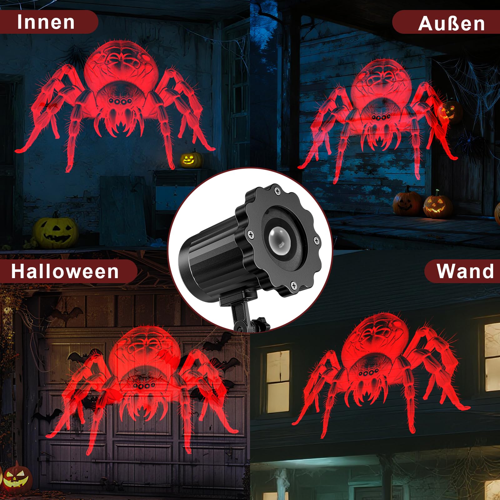 Halloween Deko Outdoor Innen,3D Dynamische Halloween Projektor, Wasserdicht LED Projektionslampe mit Roter Spinne für Wand Friedhof Fenster Garten Hof Party Deko Projector Light
