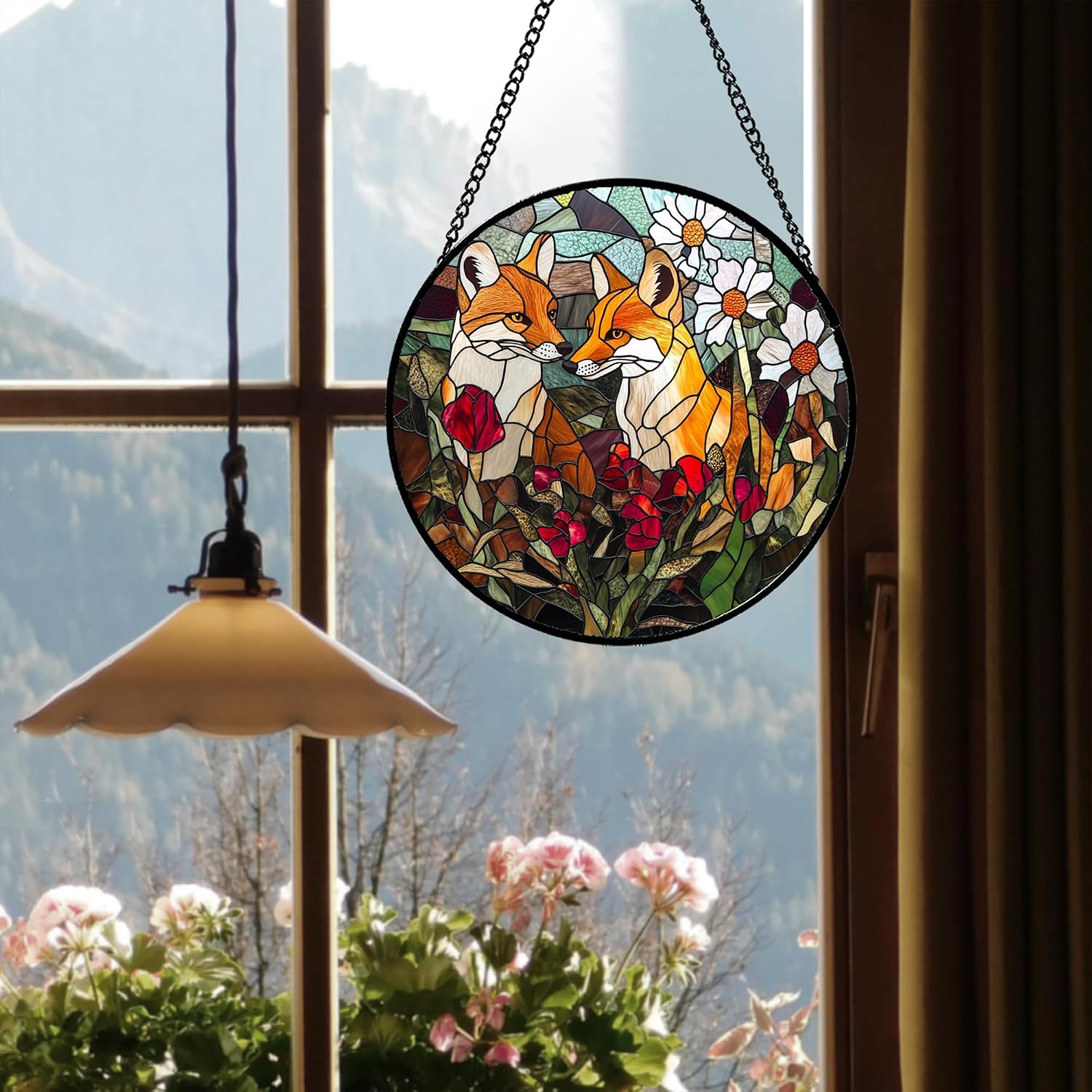 Stained Glass Window Hanging Retro Red White Flower Fox Large 11.8" - Suncatcher Door Garden Sunroom Sun Catcher Home Decor Mother's Day Birthday for Woman Mom Grandma Men