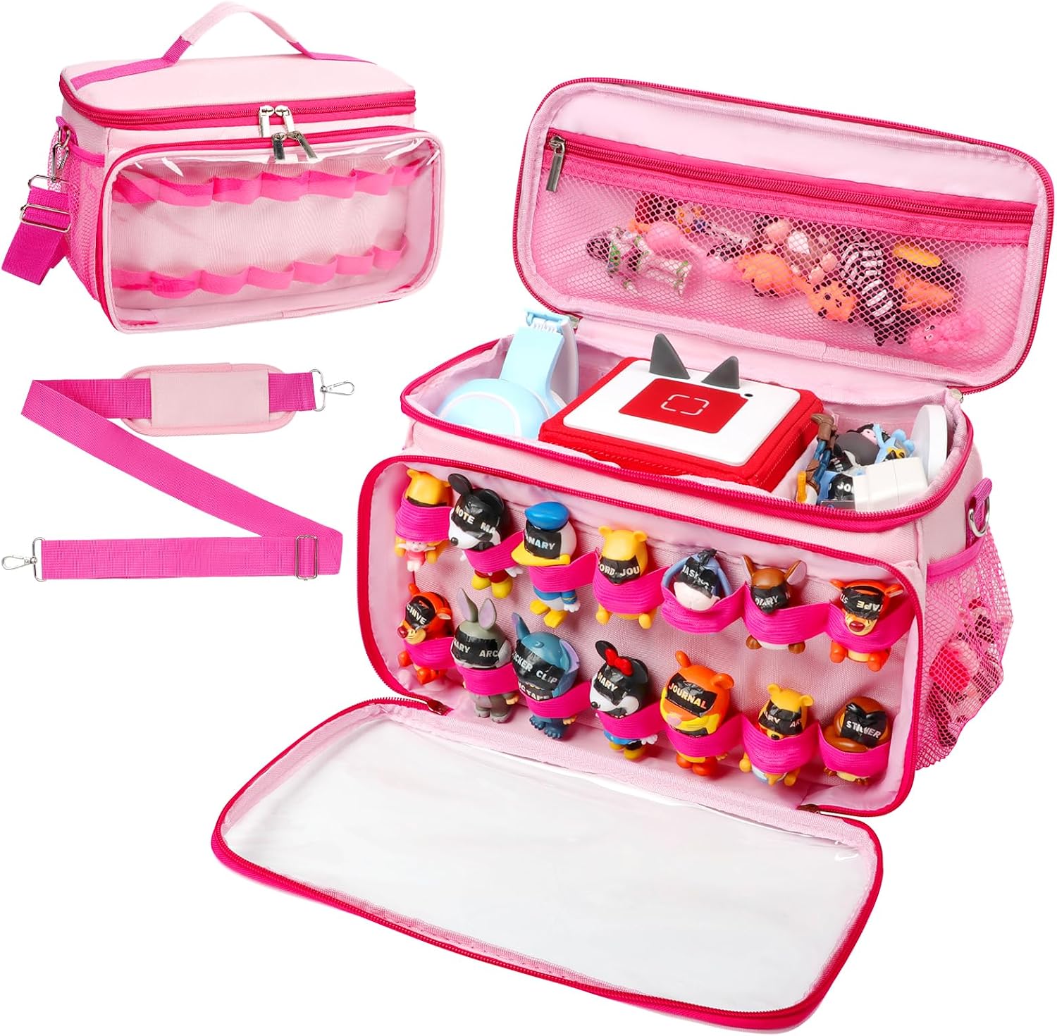 Carrying Case Compatible with Tonies Box with Clear Front Window, Large Storage Bag with 14 Elastic Bands for Tonies Figures Characters, Travel Organizer Case for Tonie Accessories (Pink)