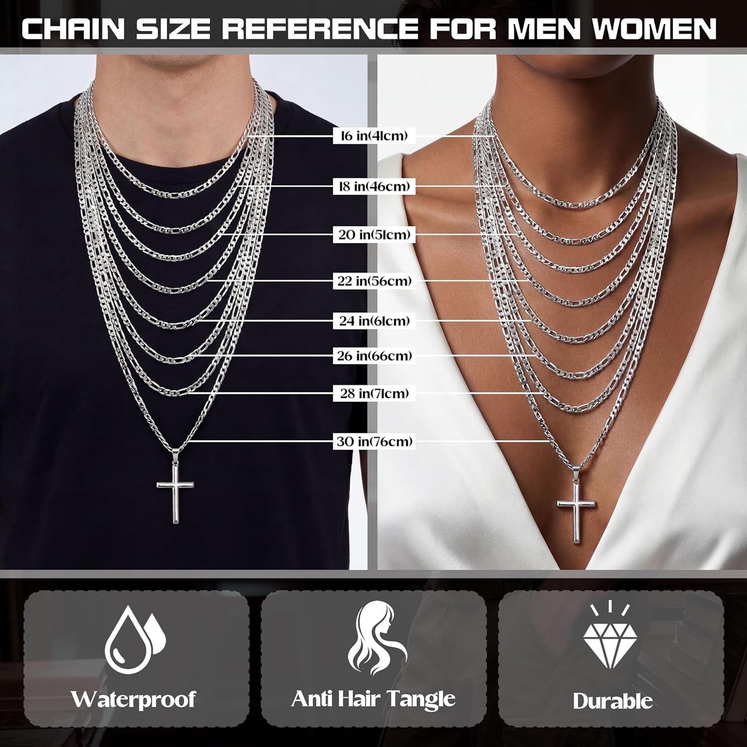 MILACOLATO 925 Sterling Silver Cross Necklace for Men Women - 5mm Durable 316L Stainless Steel Figaro Link Chain with Beveled Edge Cross Pendant, Silver Crucifix Necklaces Jewelry, 16-30'' Christian Baptism Gift - Image 5