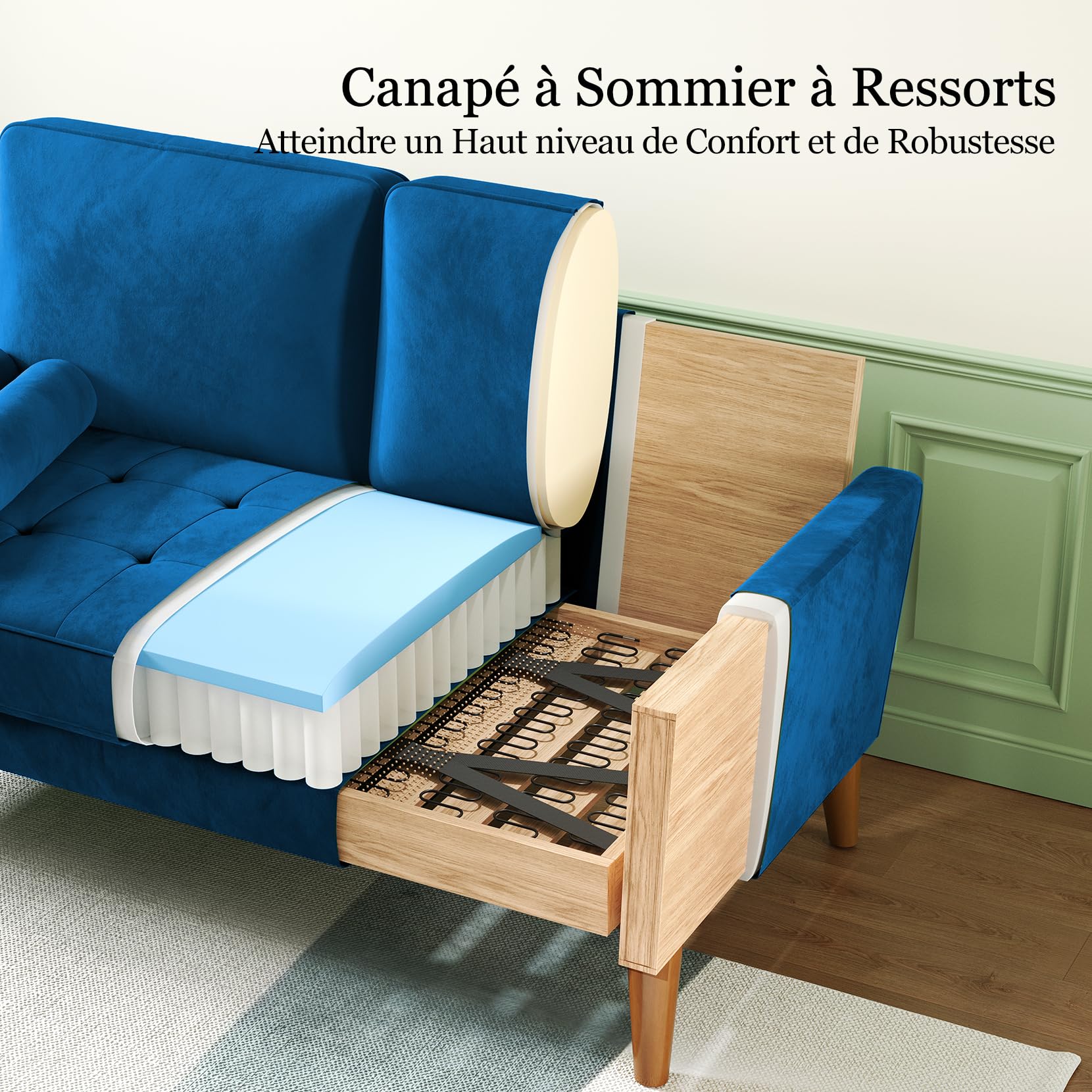 Vesgantti Canapé 2 Places 121 cm, Petit Canapé Compact en Velours, Loveseat Moderne avec Accoudoirs, Assise à Ressorts et Mousse Haute Résilience, Canapé Salon Chambre Studio, Bleu Profond