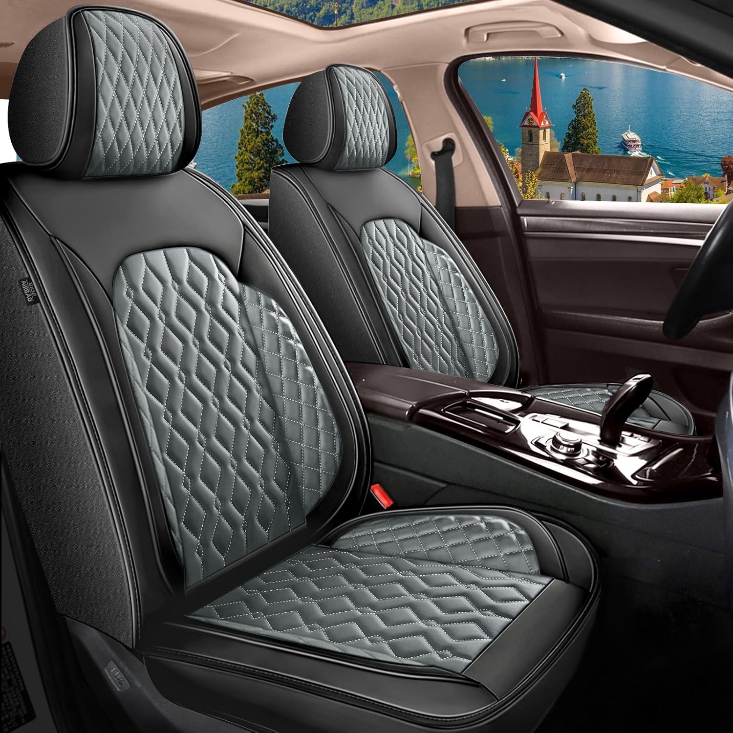Seat Covers Full Set Fit for Ford Flex 2012-2019 Faux Leather Car Seat Covers Compatible Airbag Automotive Waterproof Seat Cushions Protector (5 Seats, Black&Dark Grey) 071-Black&Dark Grey Full Set
