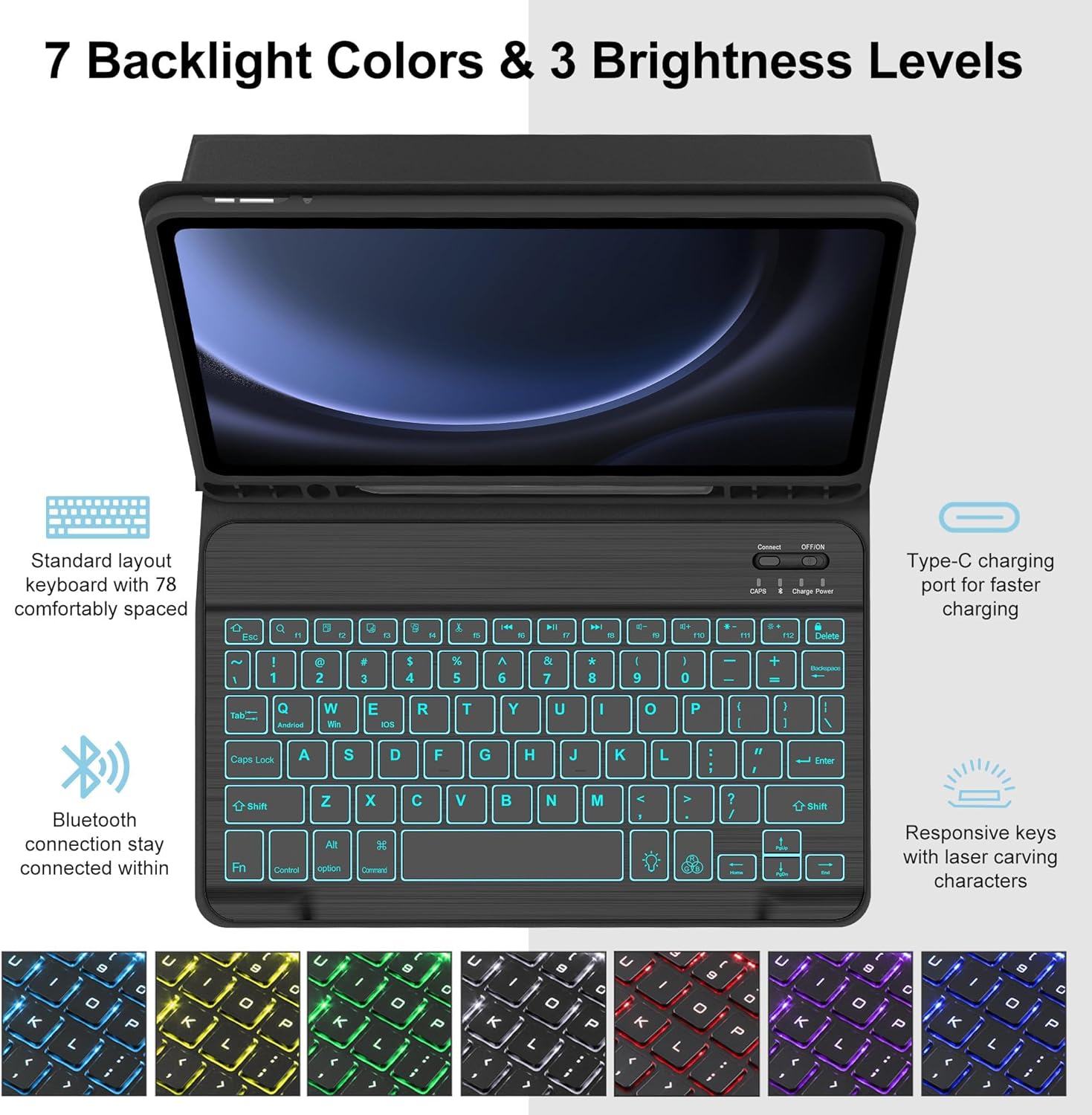 Galaxy Tab S9 FE Case with Keyboard, 7 Color Backlit, Detachable Wireless Bluetooth Keyboard,Smart Folio Cover with S Pen Holder for Samsung Galaxy Tab S9 FE 10.9”/S9 11 inch, Auto Sleep/Wake, Black
