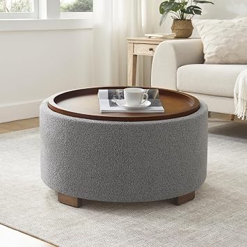Zihanhome 30 Inch Round Storage Ottoman Coffee Table, Modern Boucle Ottoman with Lift-Off Lid and Solid Wood Legs for Living Room, Bedroom, Corners, Apartments Light Grey