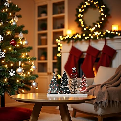 Miniatura 4 de Decoración de mesa de Navidad con sonrisa, centros de mesa de pie, 4 piezas de señales de árboles de Navidad en madera, decoración para estante.