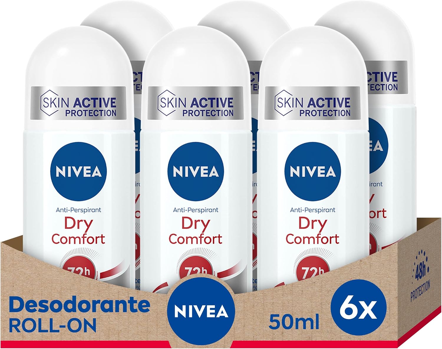 NIVEA Dry Comfort Roll-on w opakowaniu 6 (6 x 50 ml), dezodorant antyperspirant z ochroną 72 godziny, dezodorant roll on do pielęgnacji kobiet testowany w prawdziwym życiu