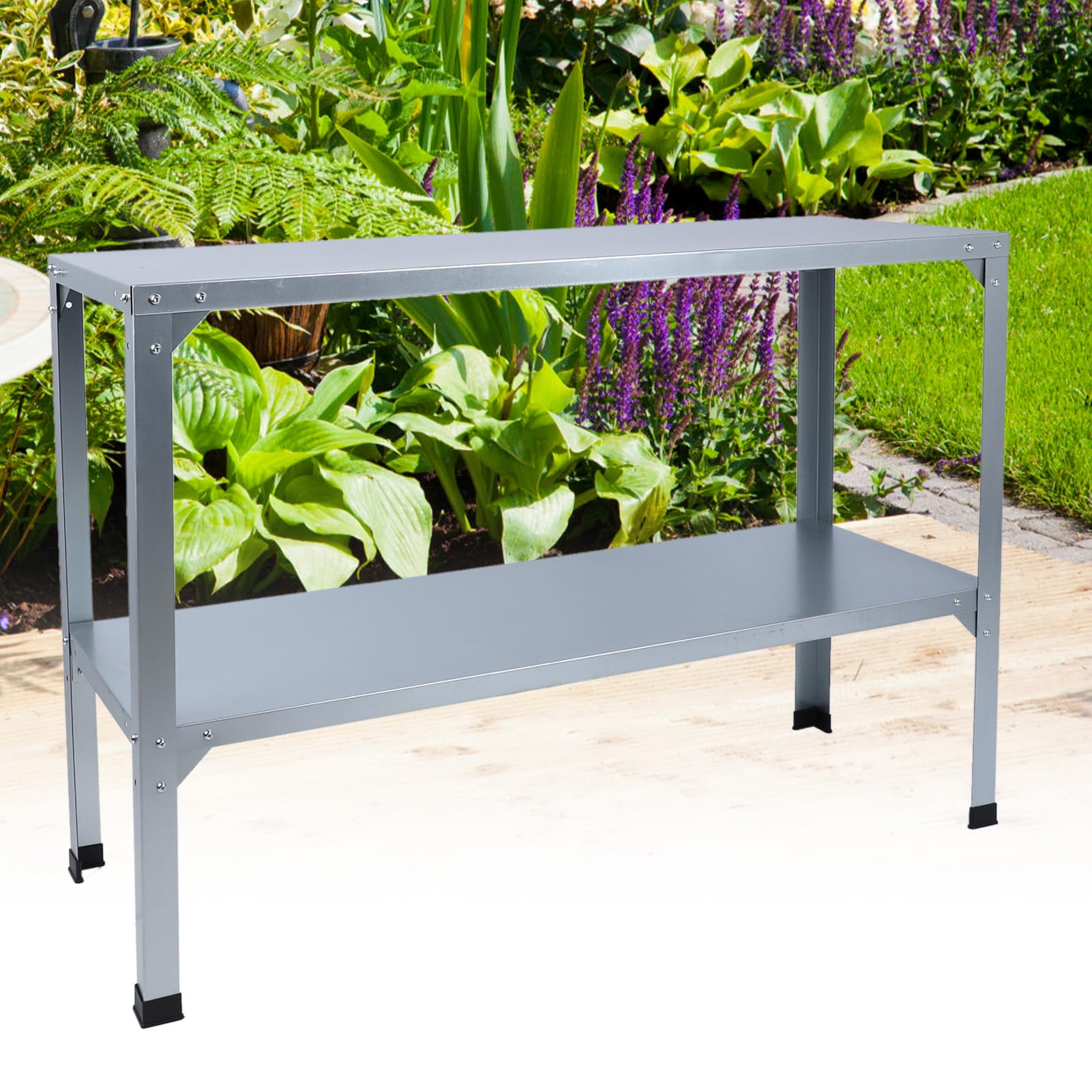 Pflanzbank aus Verzinktem Eisen, 120 Kg Tragende Doppelschichten mit Verstellbaren Regal-Gummifüßen für Gewächshaus, Garten, Hinterhof, Terrasse