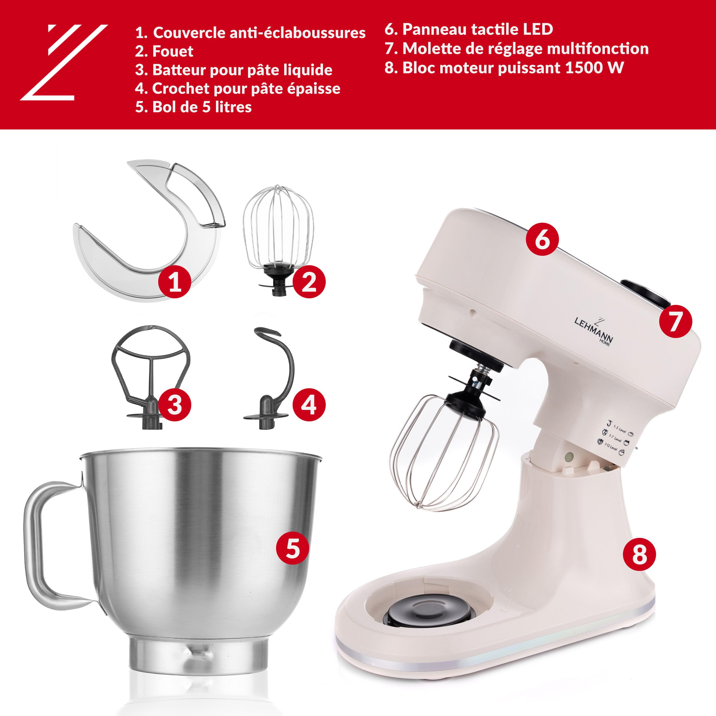 LEHMANN Robot Pâtissier avec Écran, 1500W, Bol Mélangeur 5L avec Fonction Fermentation et Chauffage, Balance Intégrée, 12 Vitesses, Minuterie, 3 Mélangeurs - Fouet, Batteur, Crochet, Beige