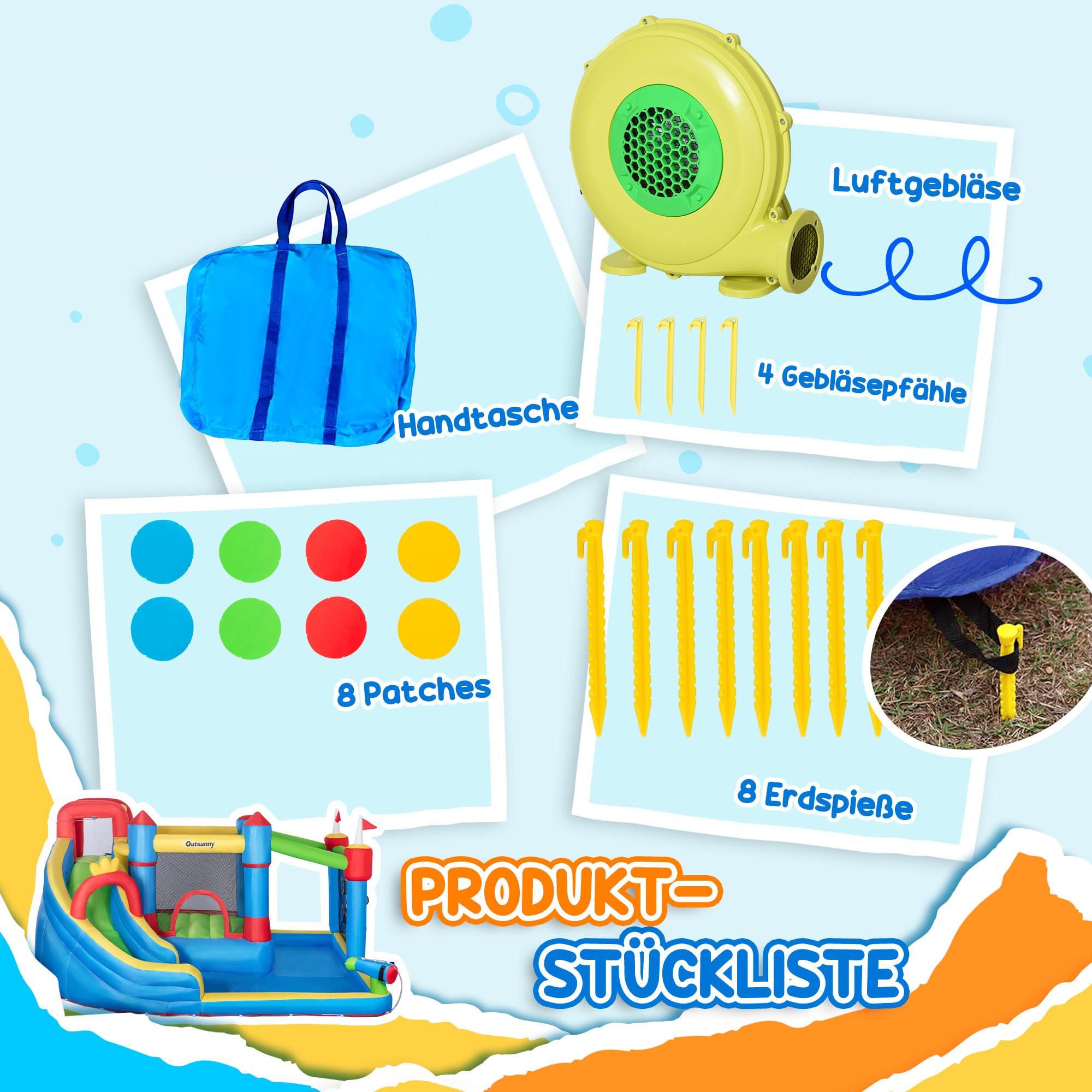 Outsunny Hüpfburg mit Gebläse für Kinder aufblasbare 6 in 1 Wasserpark mit Wasserrutsche Planschbecken Kletterwand Trampolin Wasserpistole für Indoor Outdoor Geschenk Geburtstag für 3 Kinder 3–8 Jahre