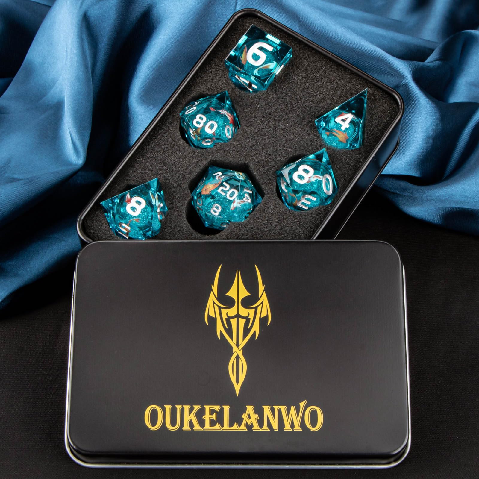 dirty wood dnd koi fish dice box OUKELANWO Liquid Core Set with Box, 7Pcs Sharp Edge Resin Role Playing D&D Dice, Ocean D and D D20 D12 D10 D8 D6 D4 Dice : Toys 7 piece polyhedral DnD dice with miniature koi fish and natural moss in clear resin Koi Fish Dice (Translucent With
