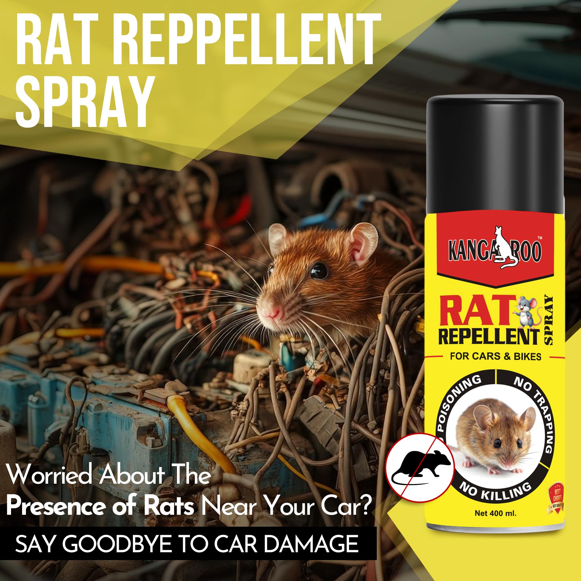 Kangaroo Rat Repellent Spray 400 ml for Cars Highly Effective with and Powerful Protection from Rats, Spray Protect Wires in Car, Bike | Camphor Fragrance | Non Toxic | No Kill Only Repels | 60 Days Protection (400 ml (Pack of 1) - Image 6 thumbnail
