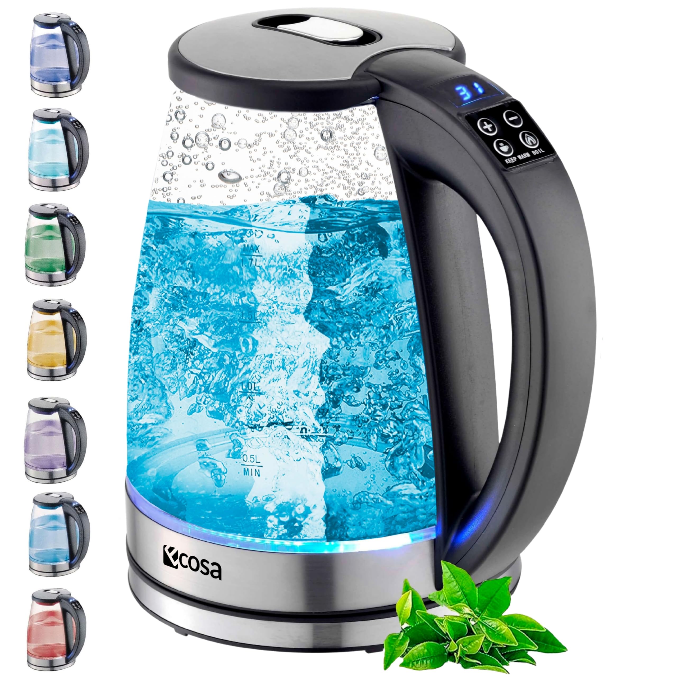 Ecosa® Wasserkocher mit temperatureinstellung Glas Edelstahl - 1,8 Liter 2.200 Watt - BPA Frei mit Temperaturwahl 40°C-100°C - Teekocher Warmhaltefunktion LED Beleuchtung im Farbwechsel