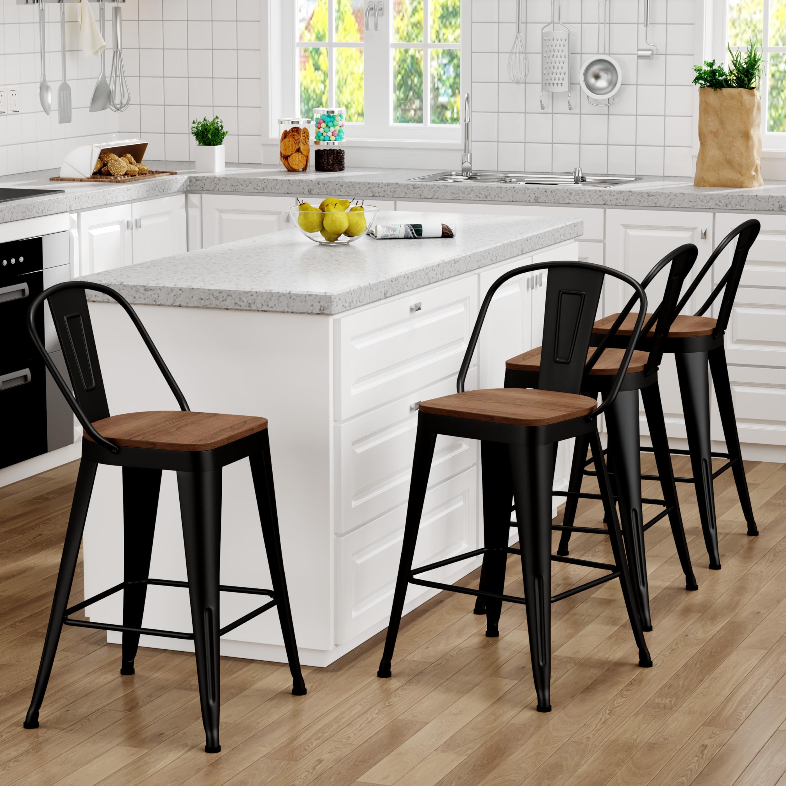 30 inch Bar Stools Set of 4, Black High Back Metal Bar Height Barstools with Large Wooden Seat Modern Farmhouse Kitchen Bar Chairs
