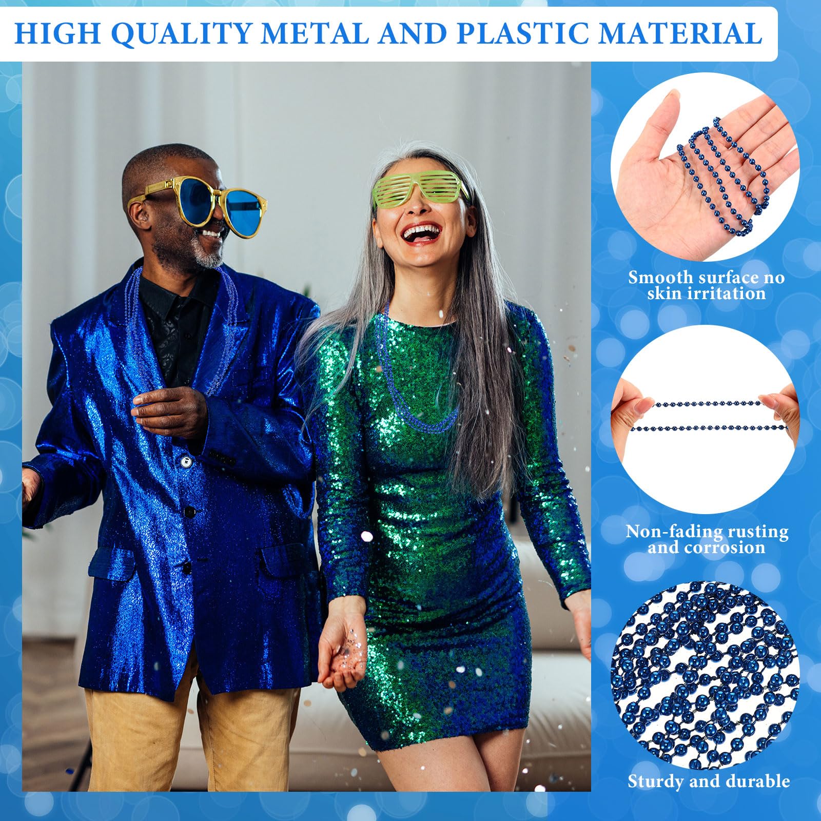 Tigeen 200 Pcs Mardi Gras Beads Necklaces Bulk 30'' Metallic Beaded Necklace for Carnival Halloween Parade School Spirit Wear (Blue)