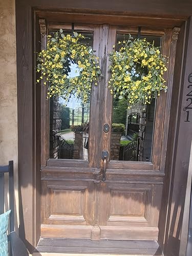 Miniatura 8 de Corona de primavera de margaritas artificiales de 24 pulgadas con hojas verdes de eucalipto, corona de granja para puerta delantera, pared,