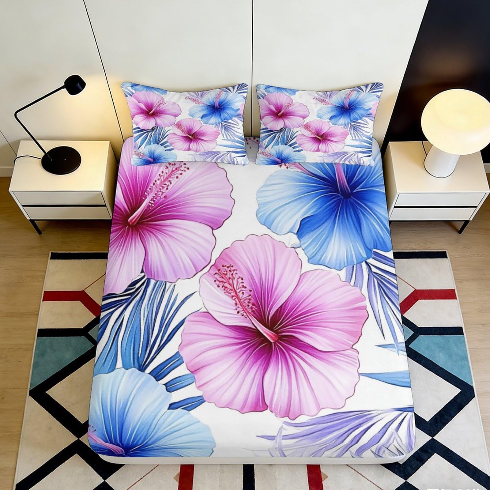 Pnayamiorkfel Style-9 3D Printed Pink Hibiscus Fitted Sheet Microfiber Soft Floral Blue Flower Mattress Cover For Bedroom Guest Room Adult Youth Decor 90X200x25cm
