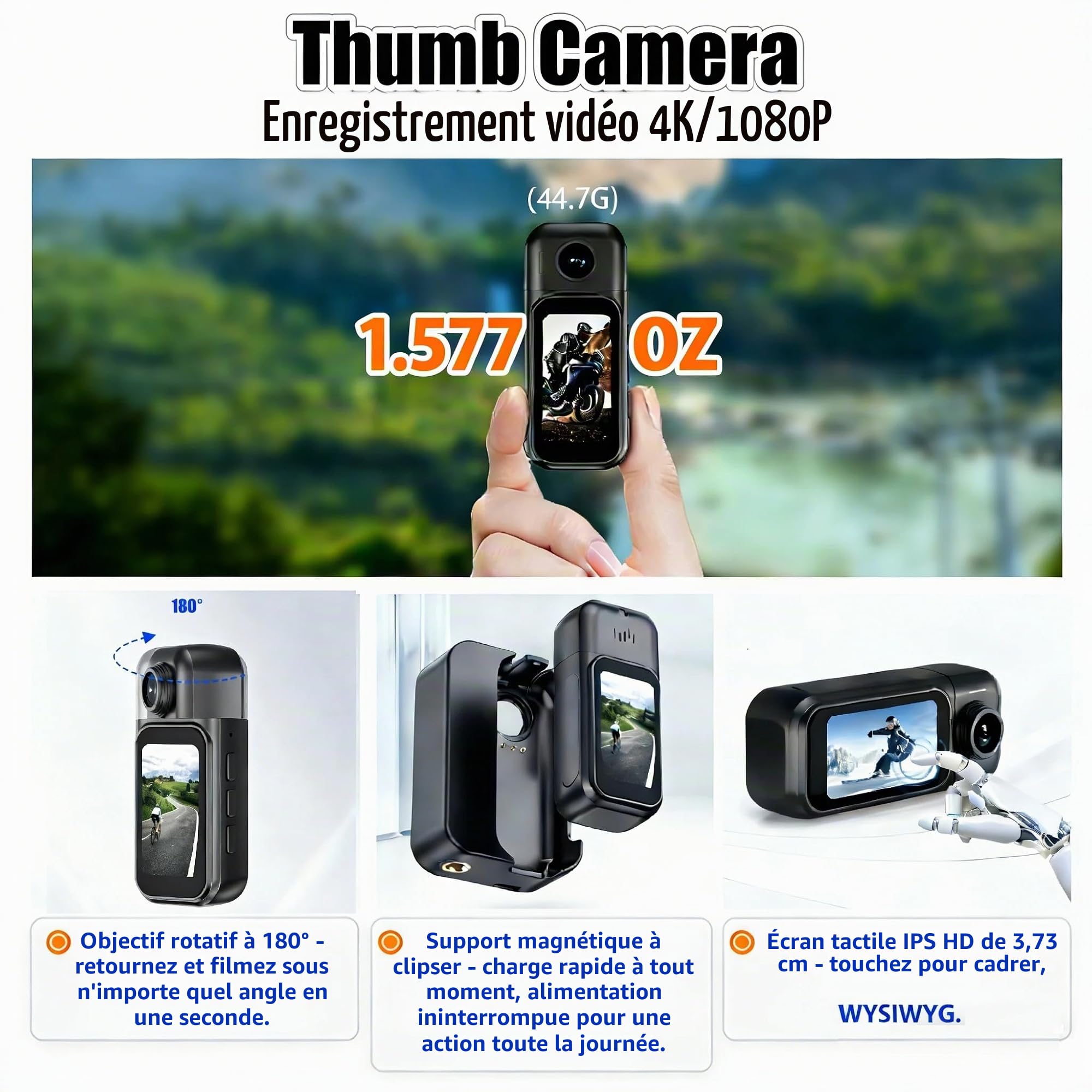 Caméra Sport 4K WiFi Objectif Rotatif 180° Mini Caméra de Poche avec Écran Tactile 1,47" & Boîtier de Charge Action Cam Portable Étanche Aimanté Mains Libres Camera Vlog POV pour Moto Casque,Velo