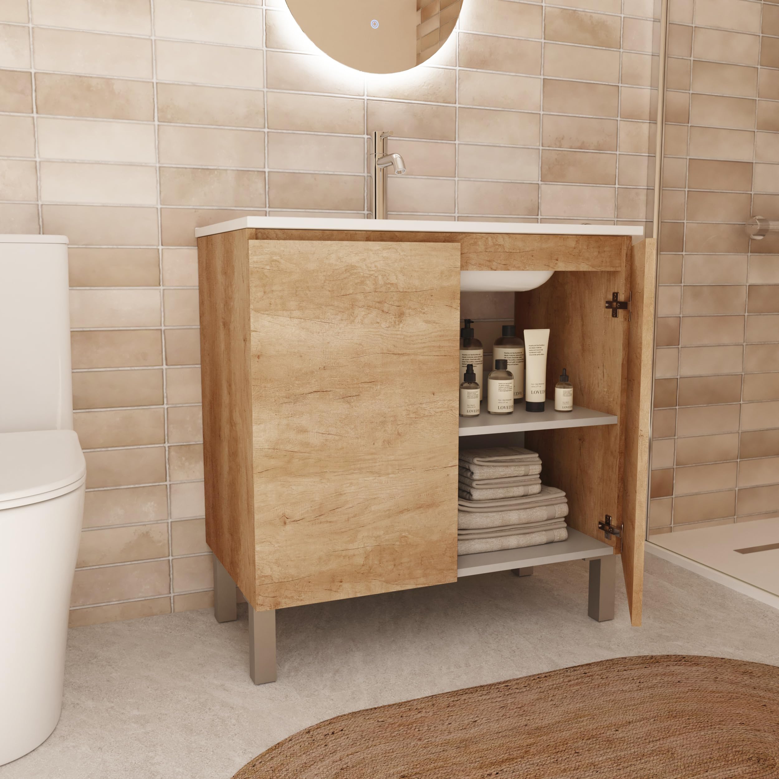 Baikal Mueble de Baño Nook. Mueble MONTADO. 60cm Nature 2 Puertas. Cierre Amortiguado. Patas Cromadas. Armario de Baño. Incluye Lavabo Ceramico