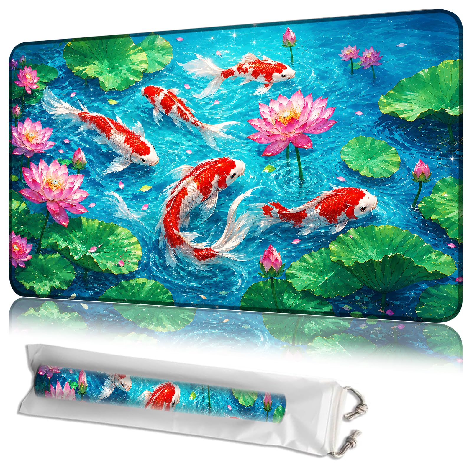 JANENFNA MTG Playmat with Storage Bag, Red Koi Fishes Pond, 24 x 14 Inch Stitched Non Slip Rubber Trading Card Game Mat, 2mm Thick Tabletop Mat for Card Games — image 1