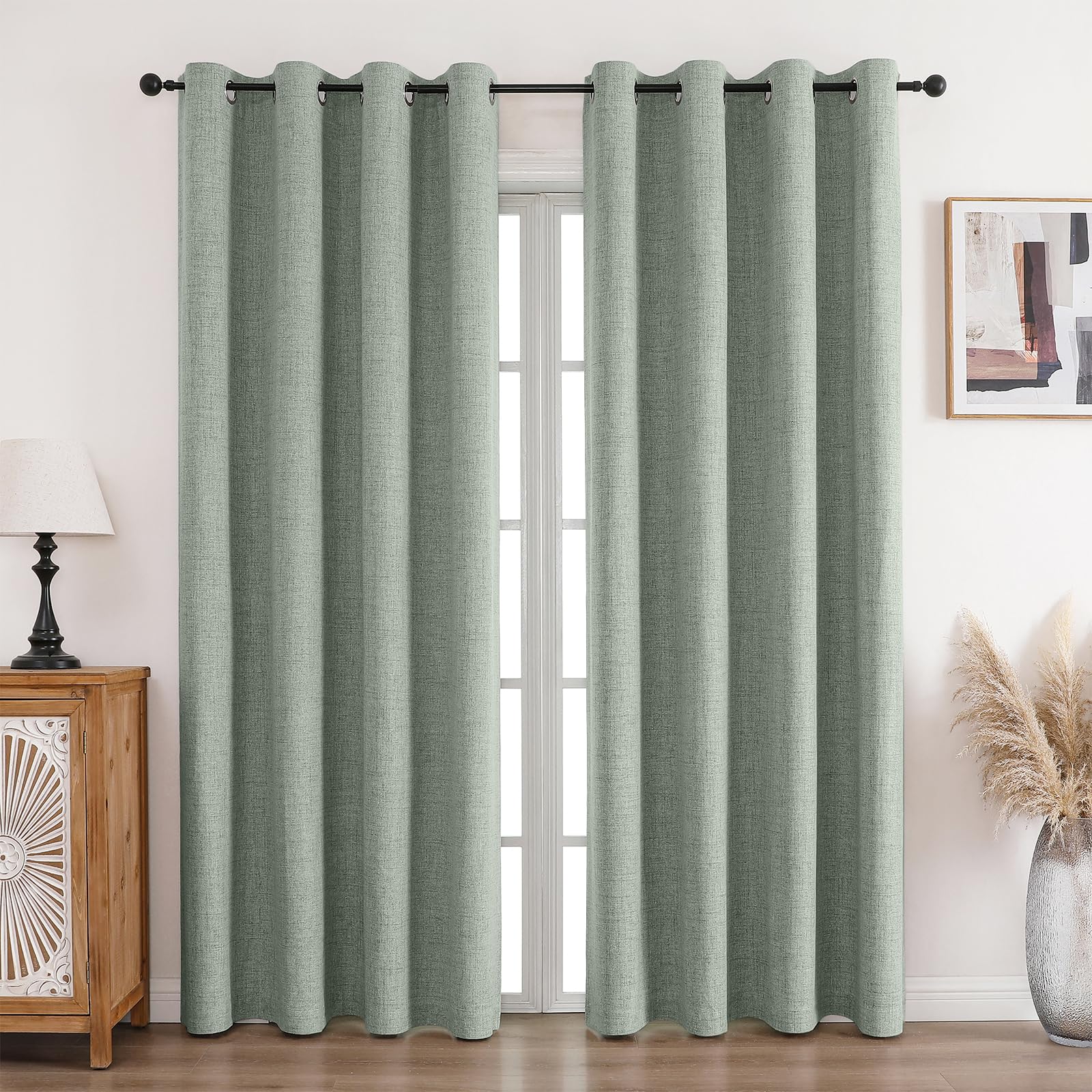 CUCRAF 100% Blackout Curtains Grayish green 114 Inch Drop 2 Panels Soft Texture Energy Saving Sun Blocking Thermal Eyelet Curtains for Bedroom Living Room 66 X 114 Inch
