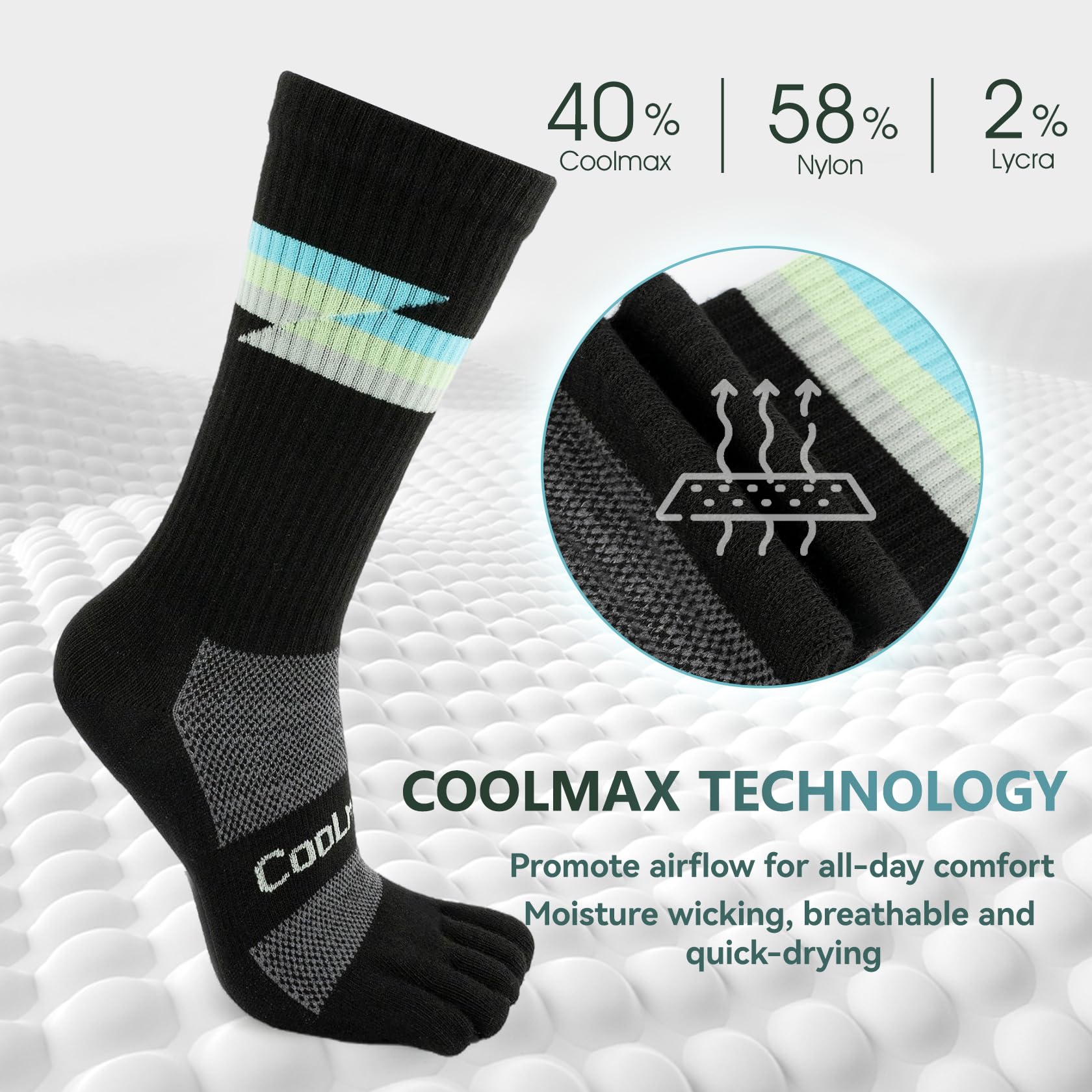 Zehensocken für Herren & Damen - 3 Paar Coolmax Lauf Socken mit Atmungsaktiv & Feuchtigkeitstransport