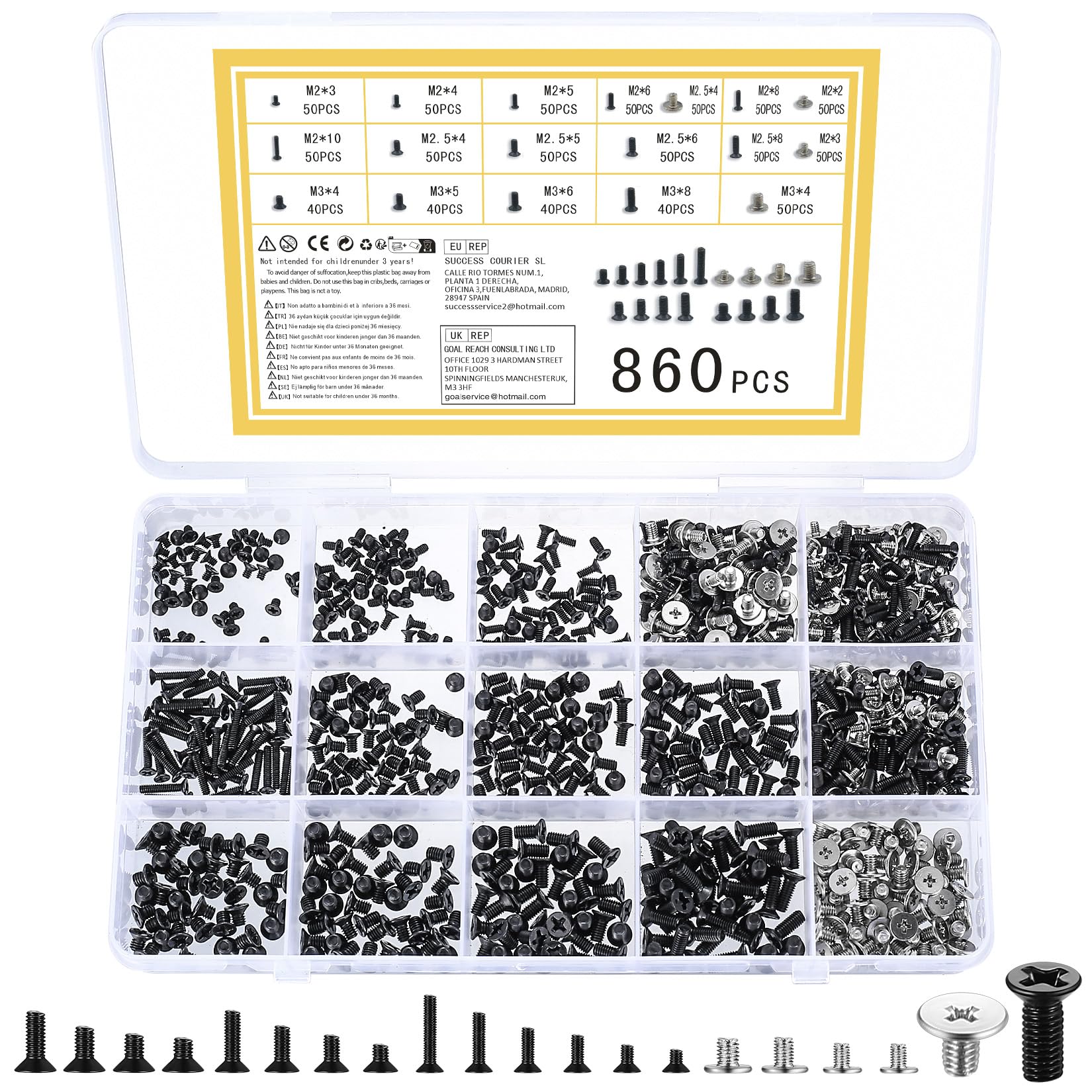wugongshan Juego de 860 tornillos M2 M2.5 M3 pequeños, surtido de tornillos, micro tornillos de reparación, tornillos de cabeza avellanada para ordenador HDD M.2 SSD portátil PC