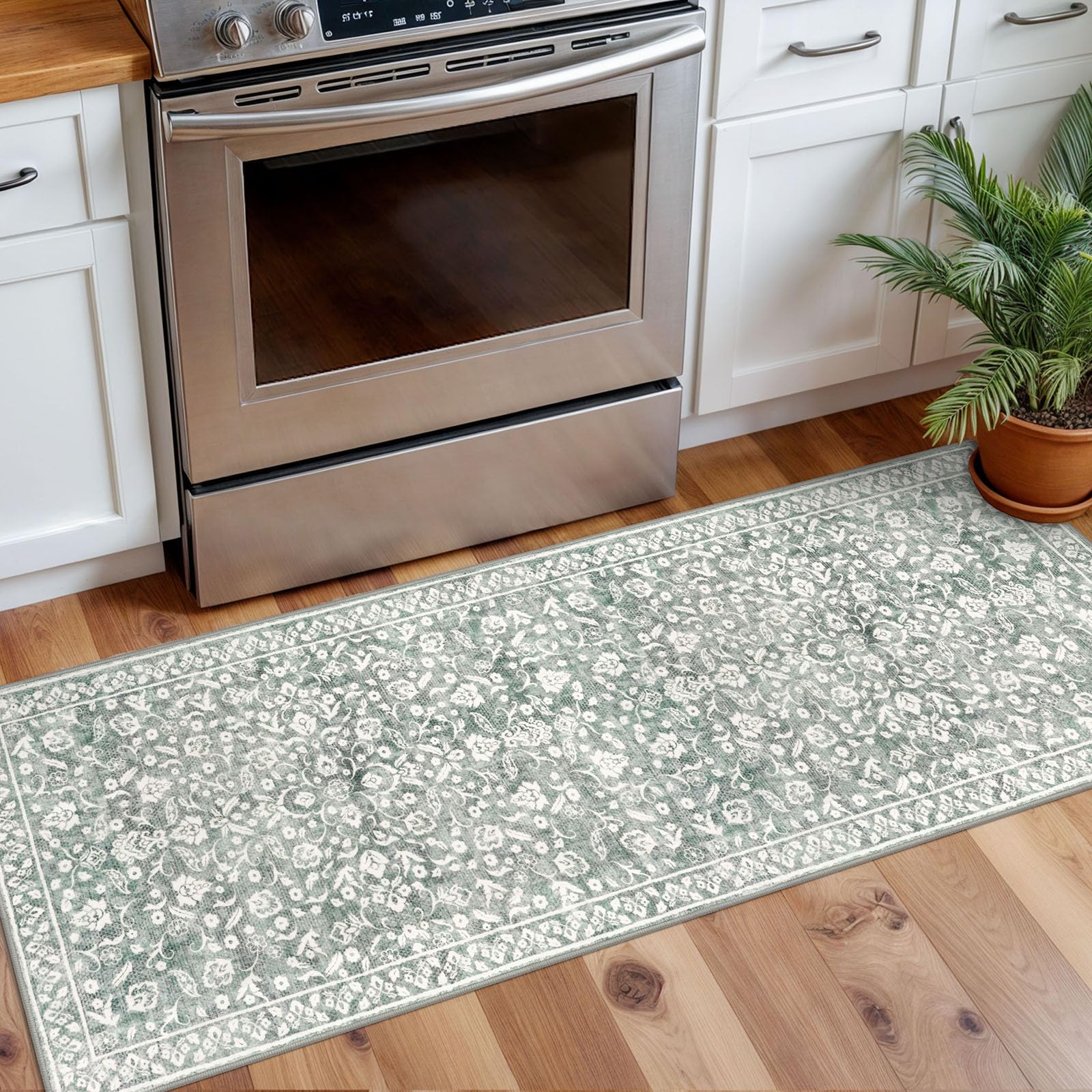 SILOLOOM Vintage Washable 2x5 Rug Runner, Sage Green Grey Runners for hallways, Super Soft Kitchen Runner Rug Non Slip, Printed Faux Wool Floral Thin Carpet Runner for Entryway Laundry Room Bedroom โ image 1